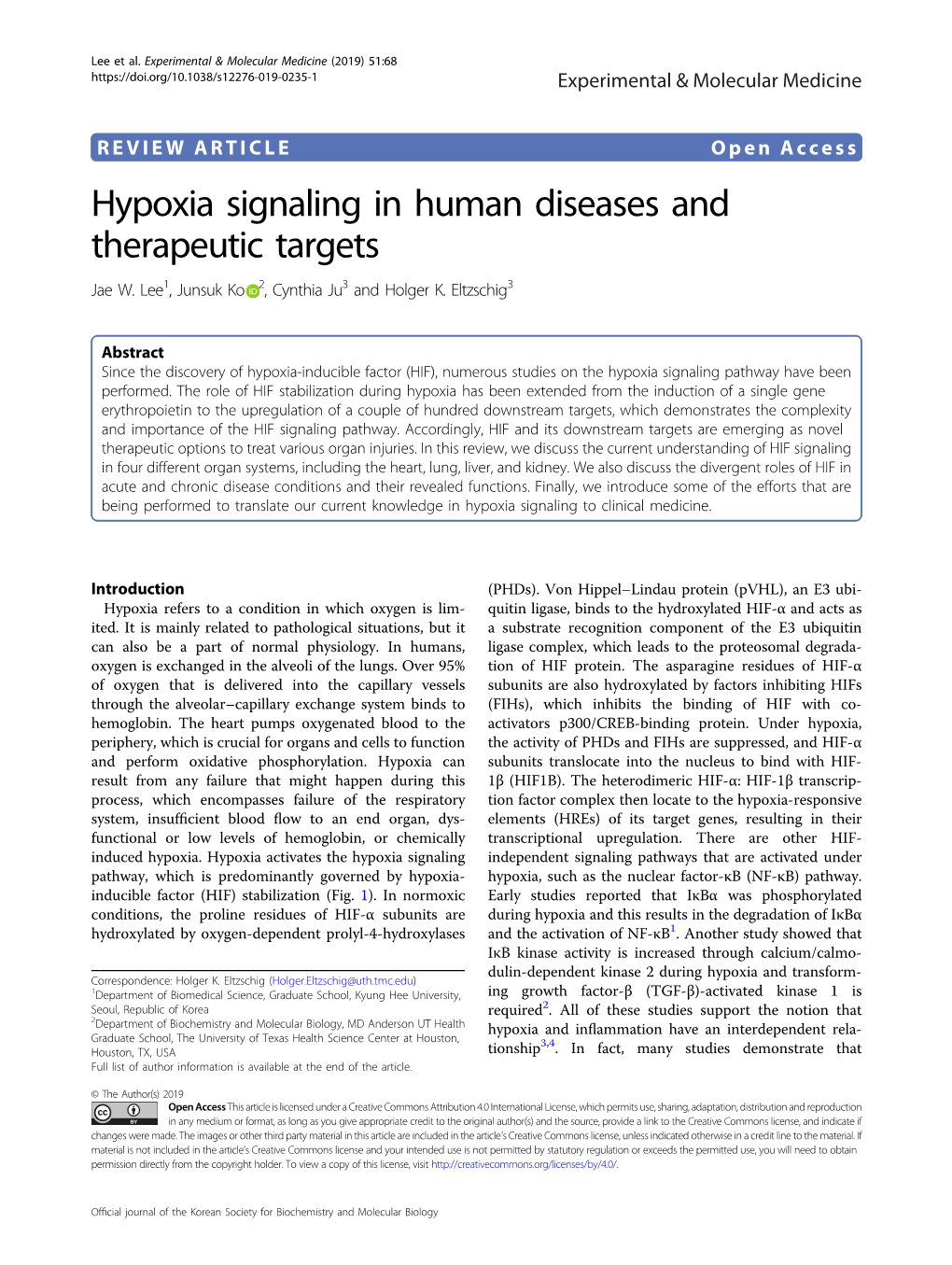 Hypoxia Signaling in Human Diseases and Therapeutic Targets Jae W