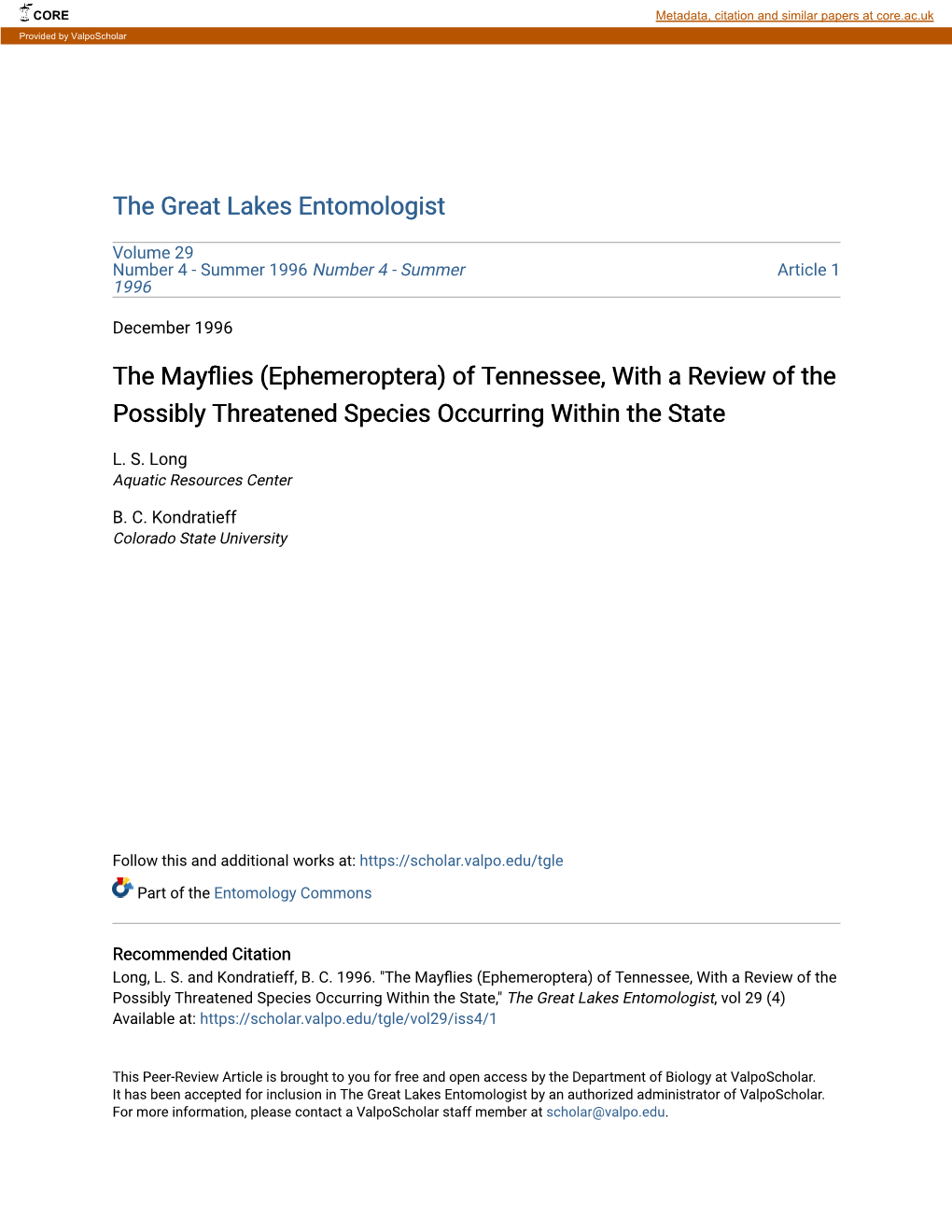 The Mayflies (Ephemeroptera) of Tennessee, with a Review of the Possibly Threatened Species Occurring Within the State