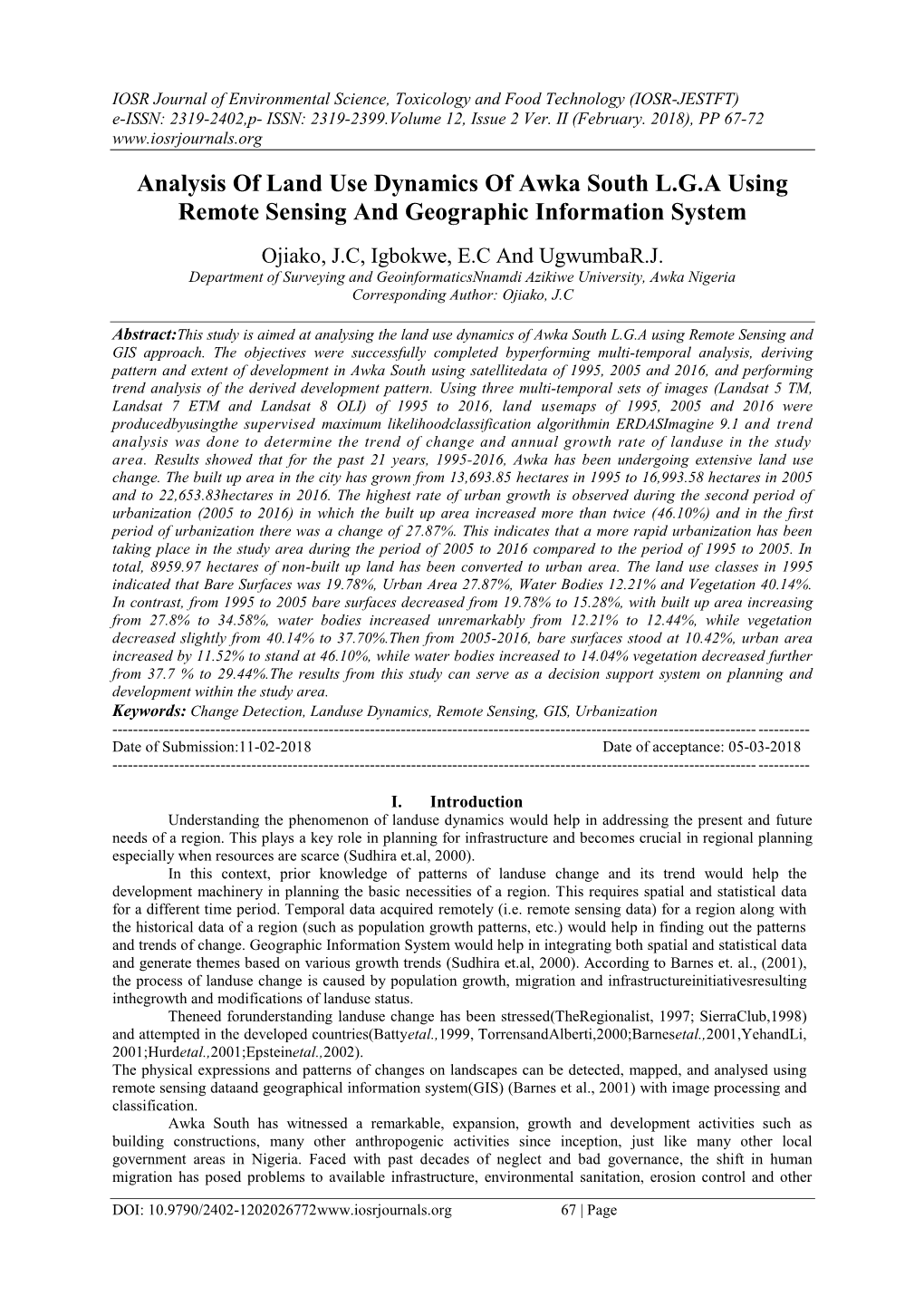 Analysis of Land Use Dynamics of Awka South L.G.A Using Remote Sensing and Geographic Information System