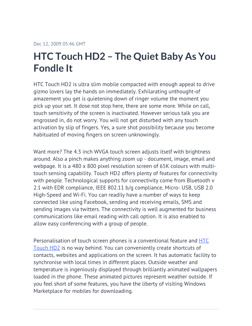 HTC Touch HD2 – the Quiet Baby As You Fondle It