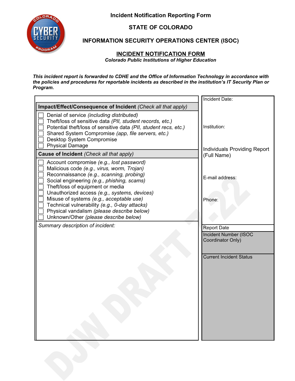 Appendix B Incident Notification Reporting Form