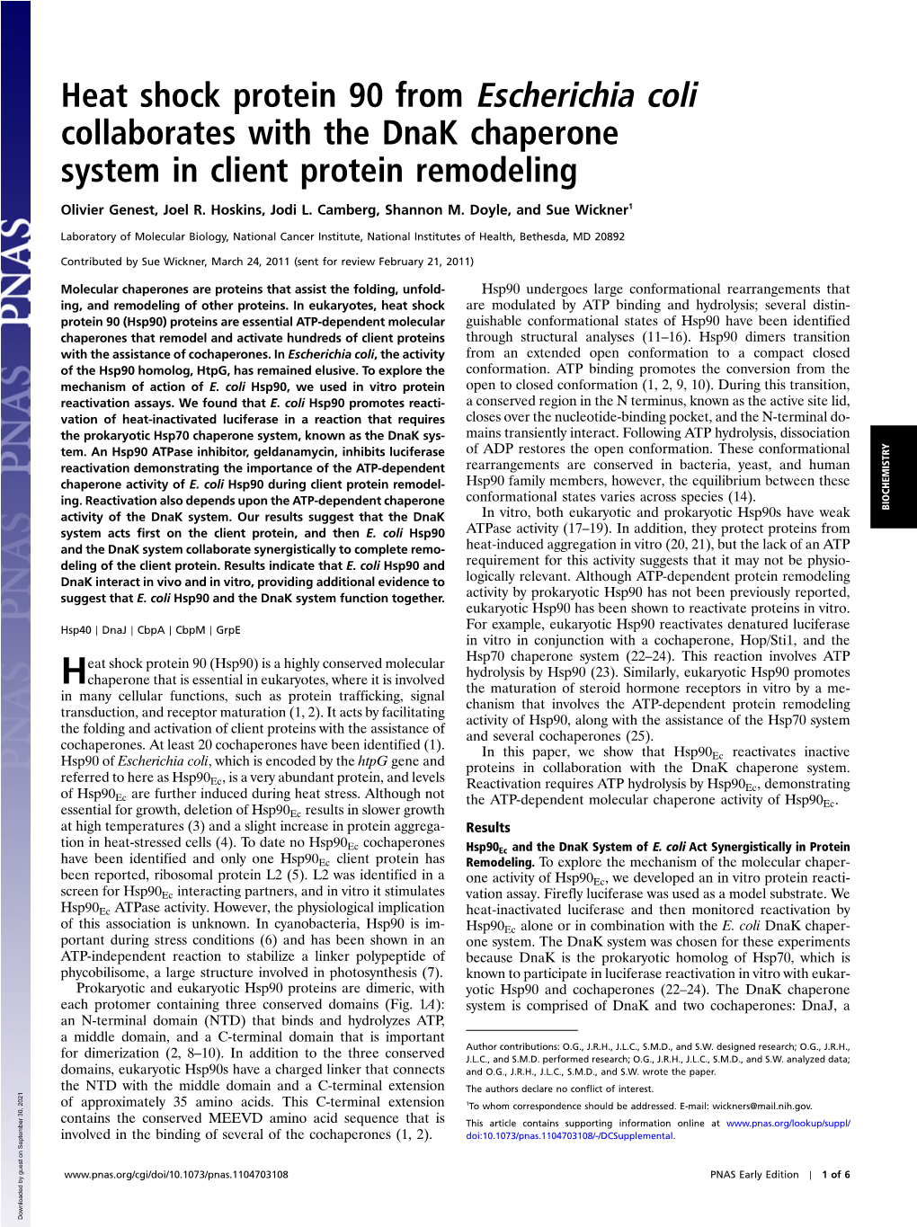 Heat Shock Protein 90 from Escherichia Coli Collaborates with the Dnak Chaperone System in Client Protein Remodeling