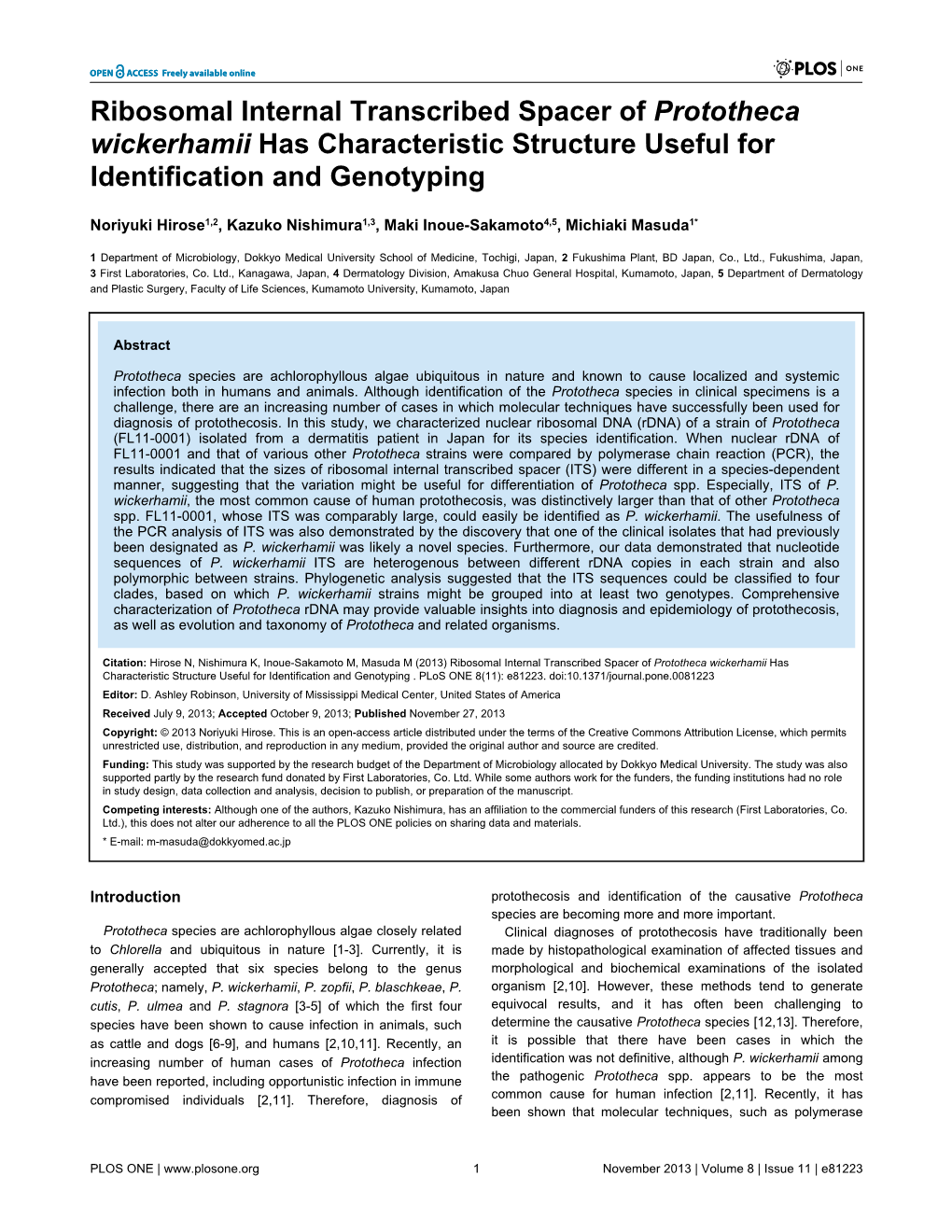 Ribosomal Internal Transcribed Spacer of Prototheca Wickerhamii Has Characteristic Structure Useful for Identification and Genotyping