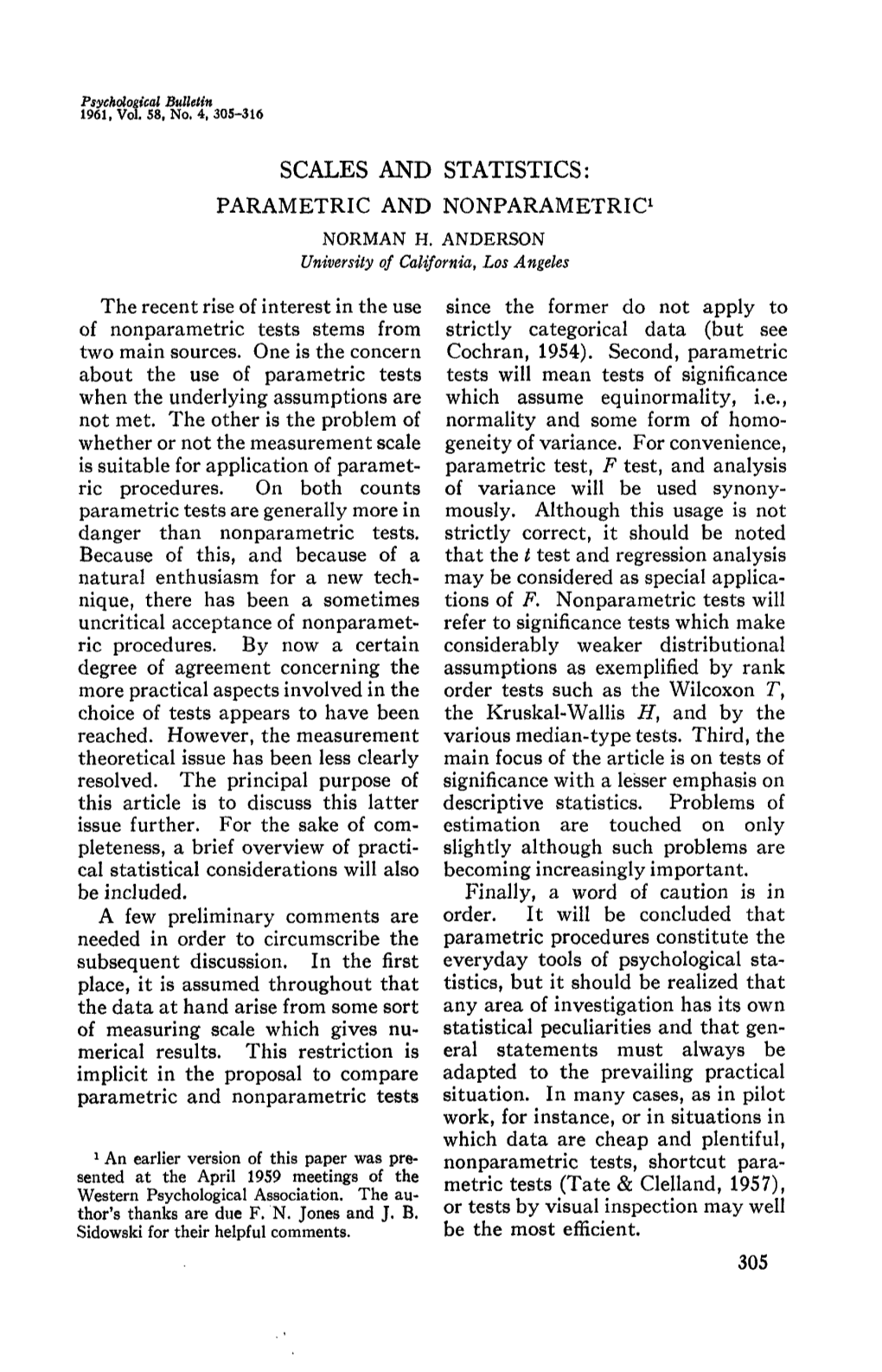 Scales and Statistics: Parametric and Nonparametric1 Norman H