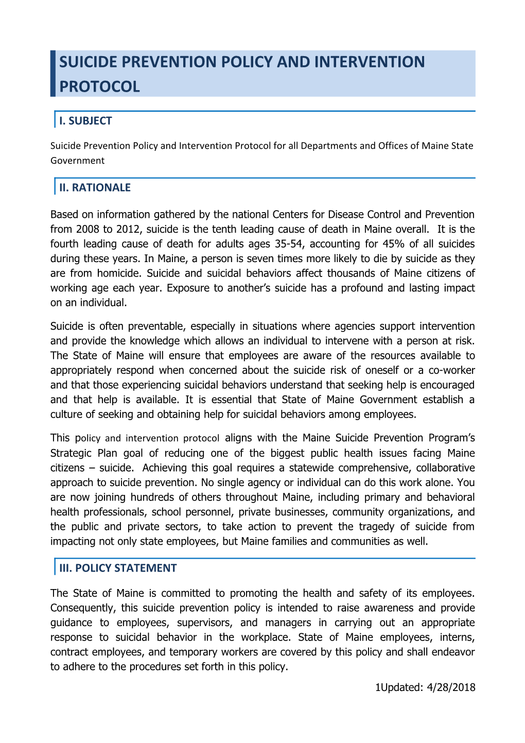 Proposed Suicide Prevention, Intervention and Postvention Protocols