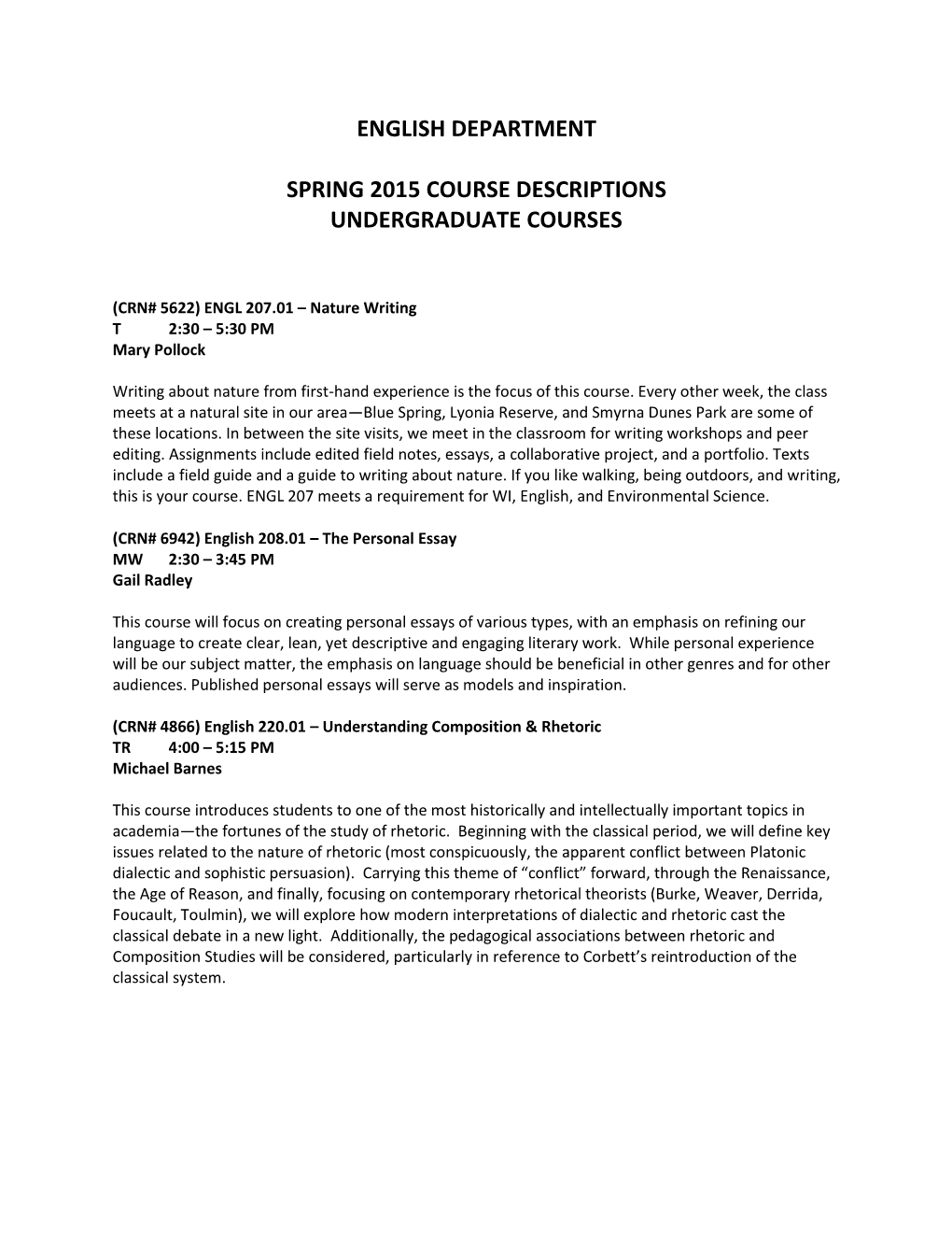 English Department Spring 2015 Course Descriptions