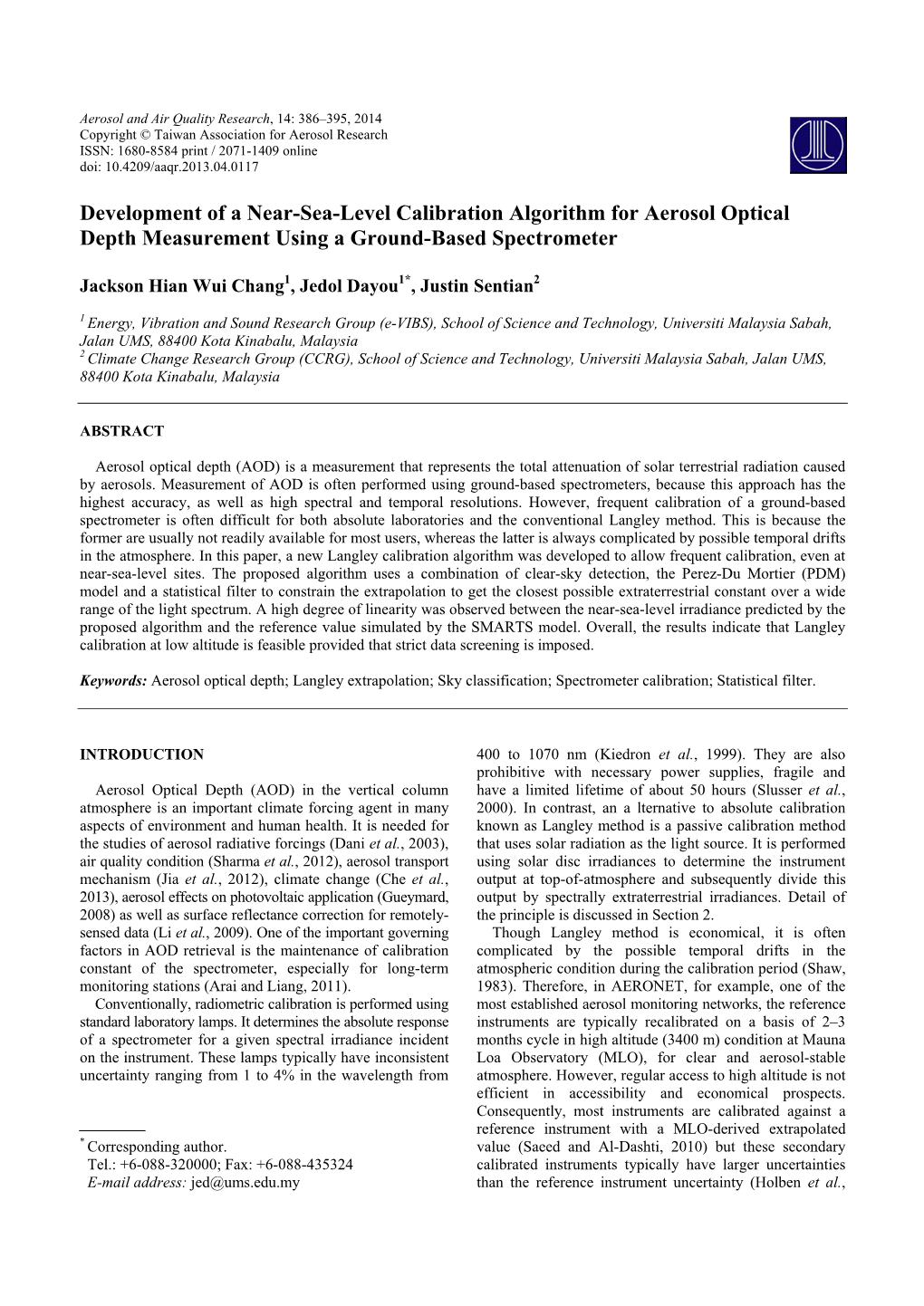 Development of a Near-Sea-Level Calibration Algorithm for Aerosol Optical Depth Measurement Using a Ground-Based Spectrometer