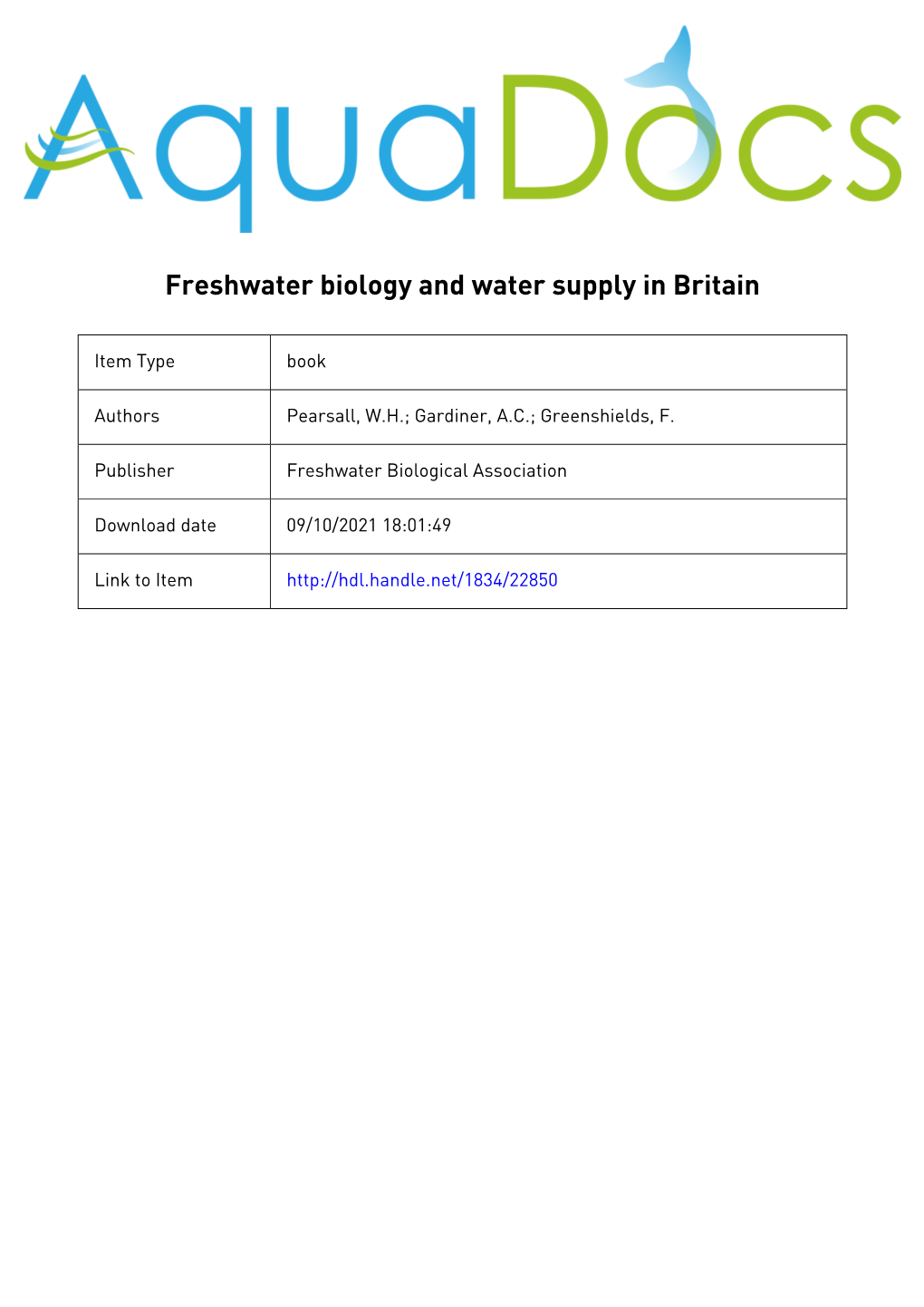 Freshwater Biology and Water Supply in Britain