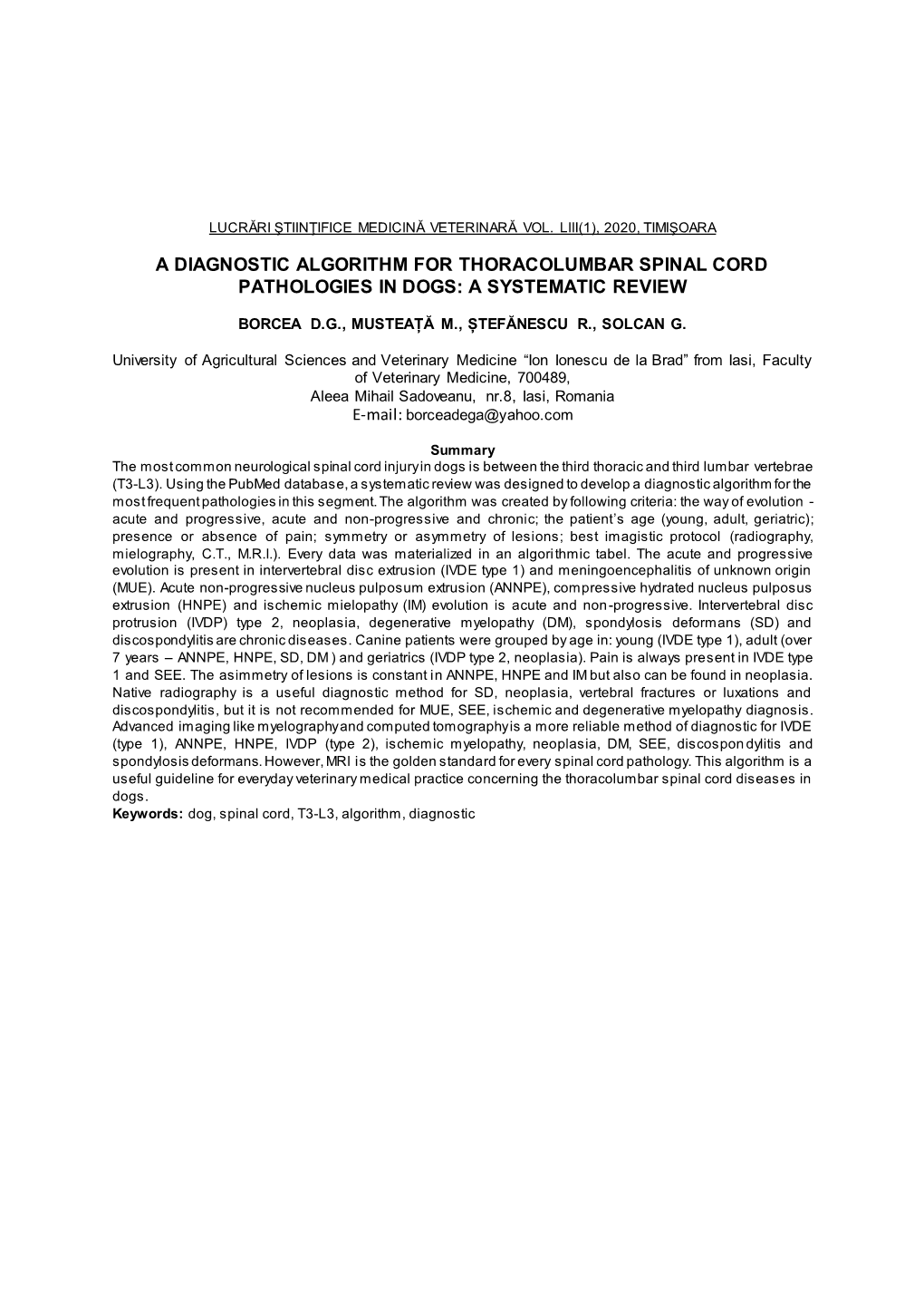 A Diagnostic Algorithm for Thoracolumbar Spinal Cord Pathologies in Dogs: a Systematic Review