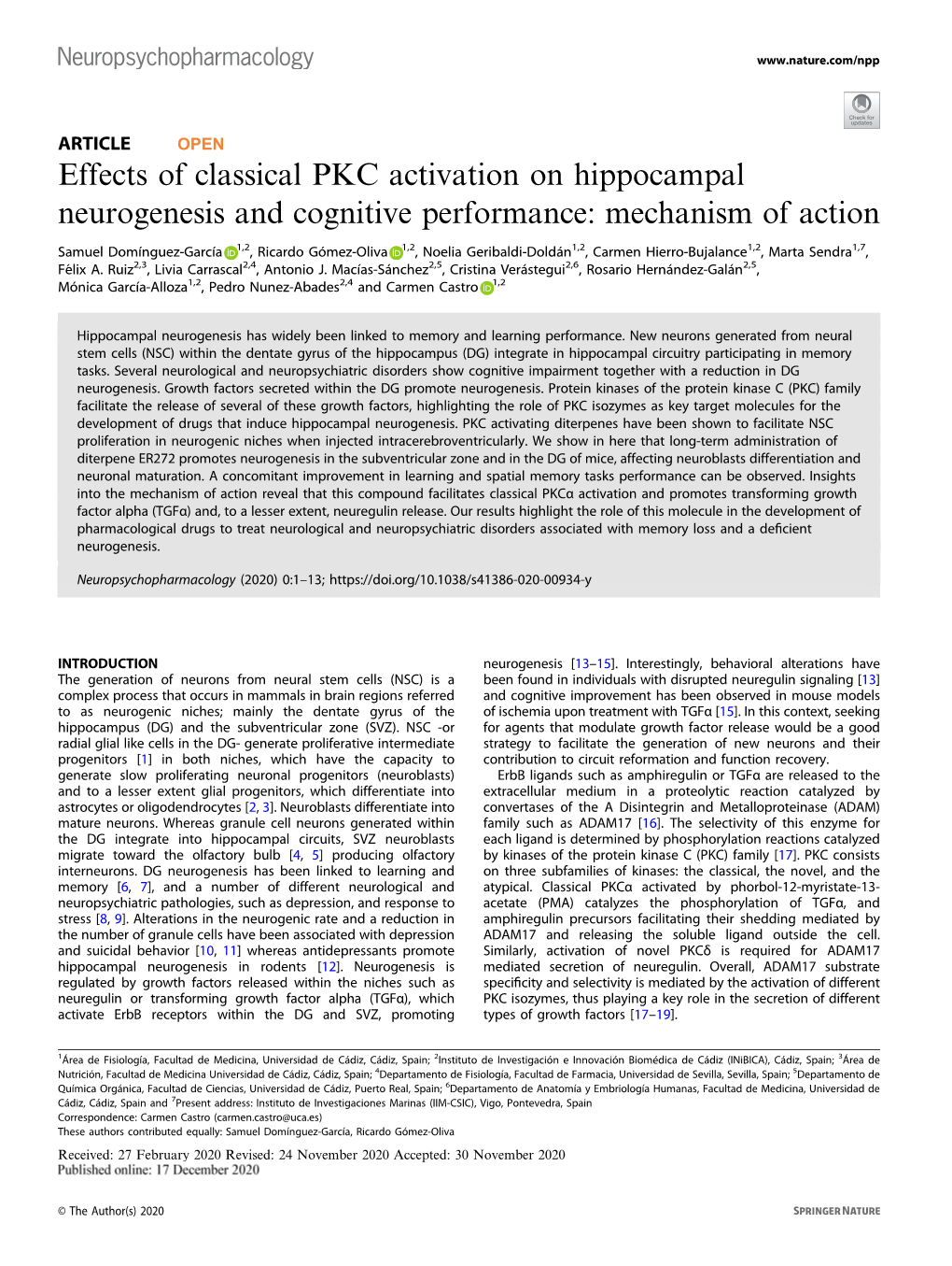 Effects of Classical PKC Activation on Hippocampal Neurogenesis and Cognitive Performance: Mechanism of Action