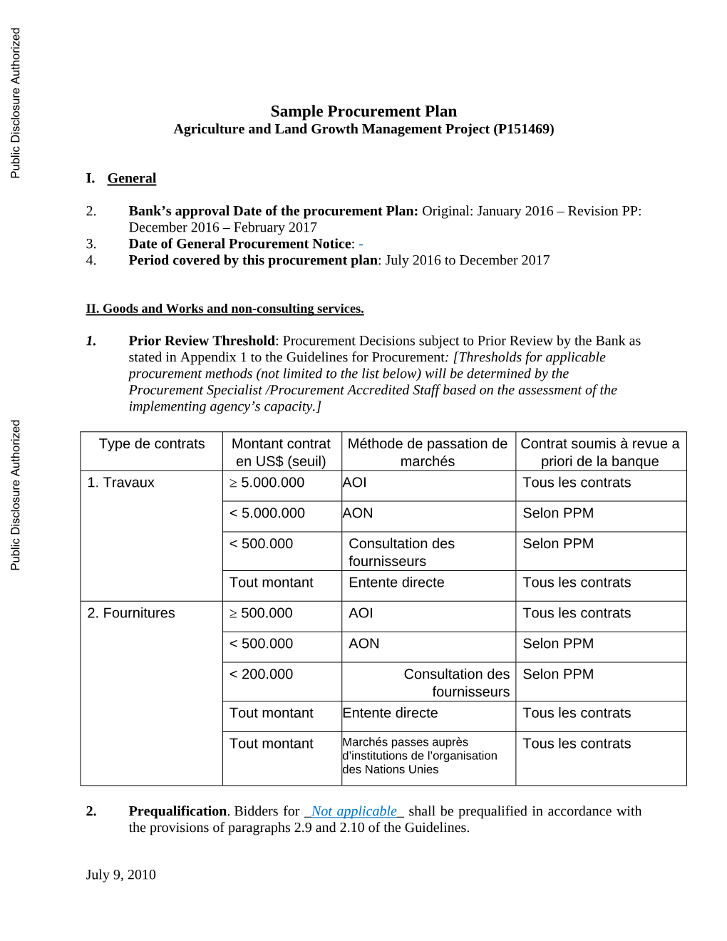 Sample Procurement Plan Agriculture and Land Growth Management Project (P151469)