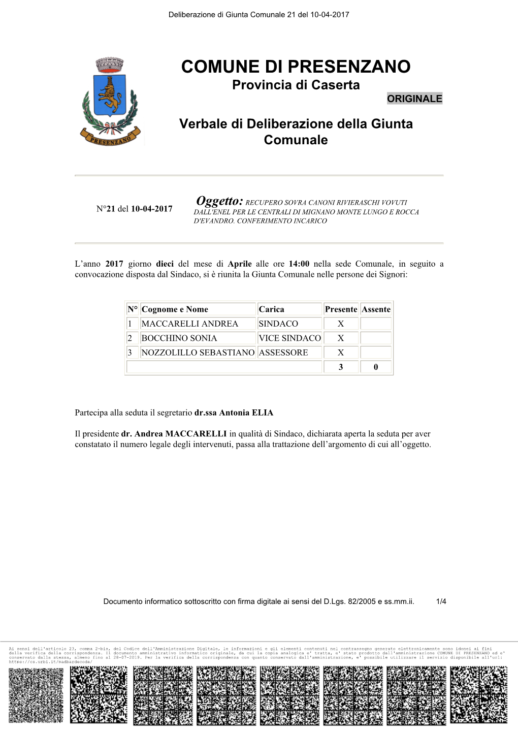 COMUNE DI PRESENZANO Provincia Di Caserta ORIGINALE