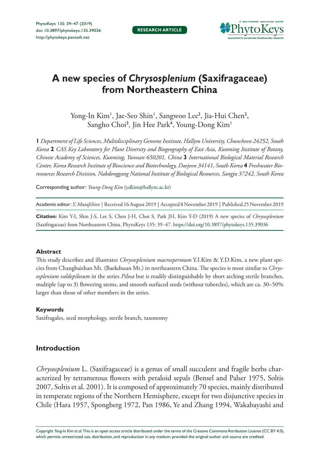 A New Species of Chrysosplenium (Saxifragaceae) from Northeastern China