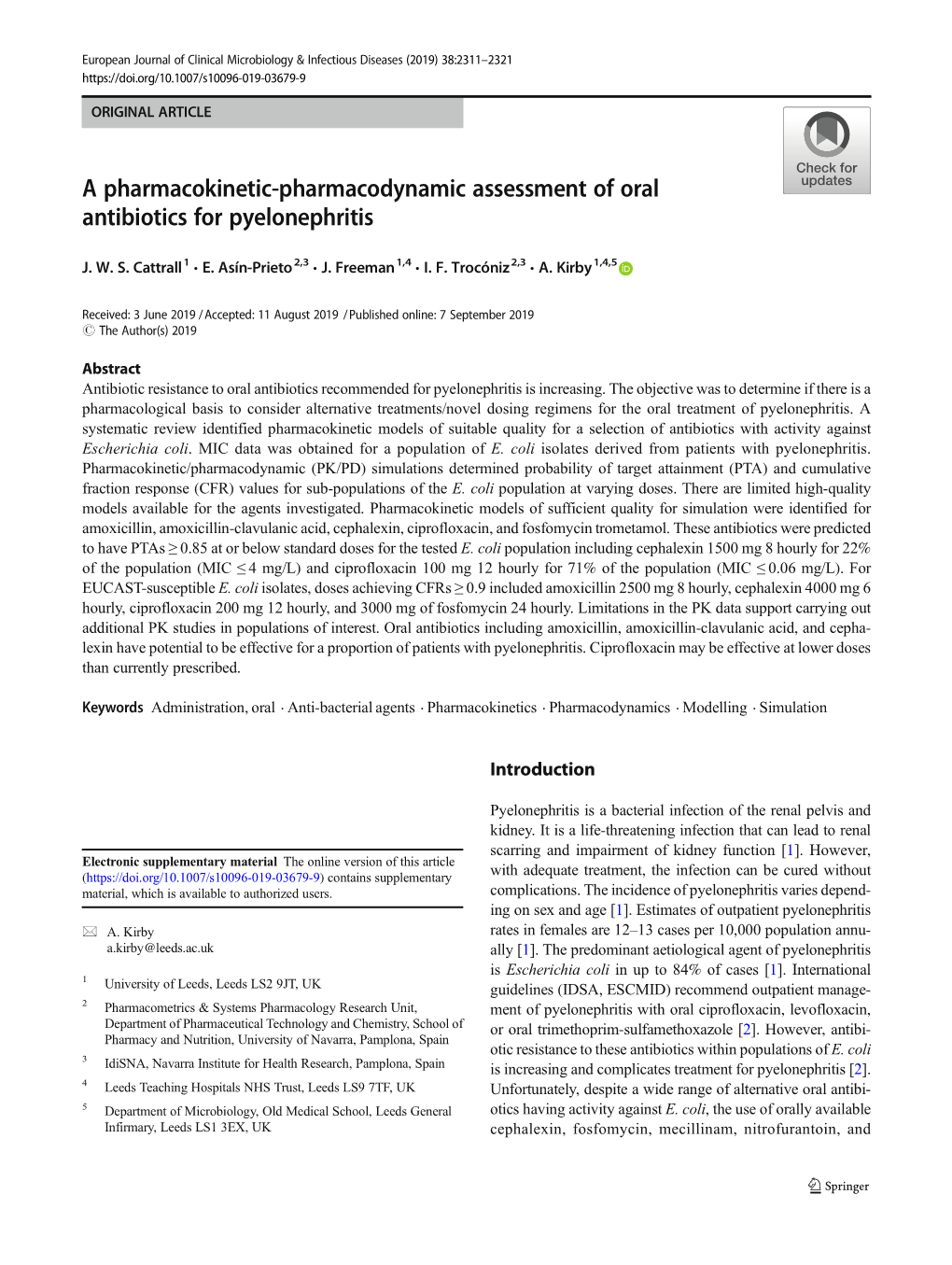 A Pharmacokinetic-Pharmacodynamic Assessment of Oral Antibiotics for Pyelonephritis