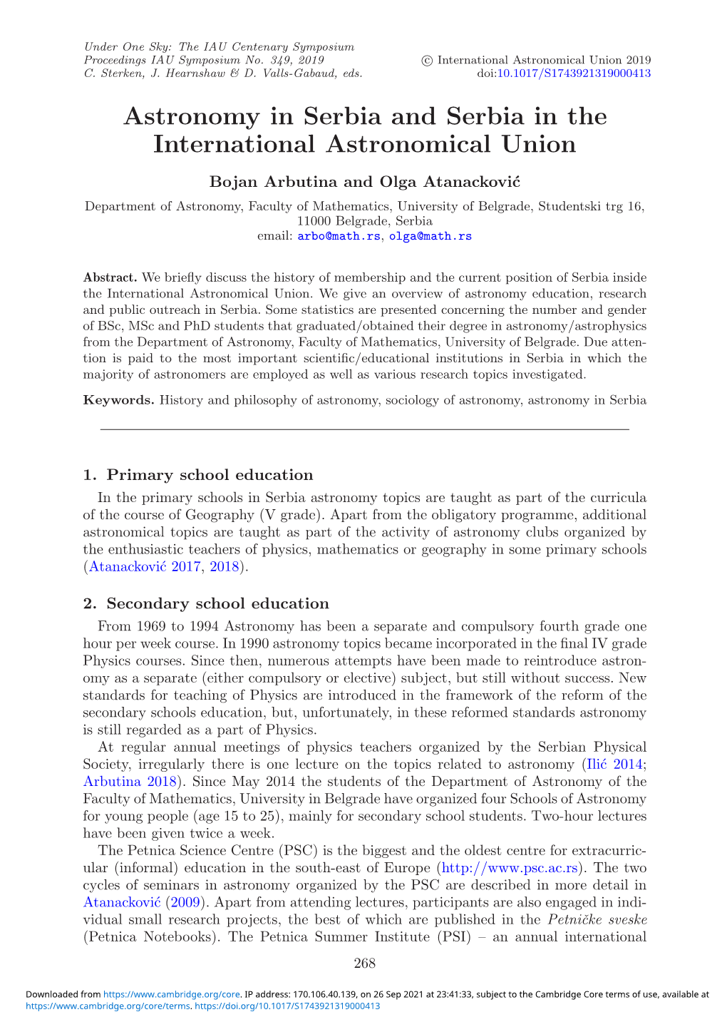 Astronomy in Serbia and Serbia in the International Astronomical Union