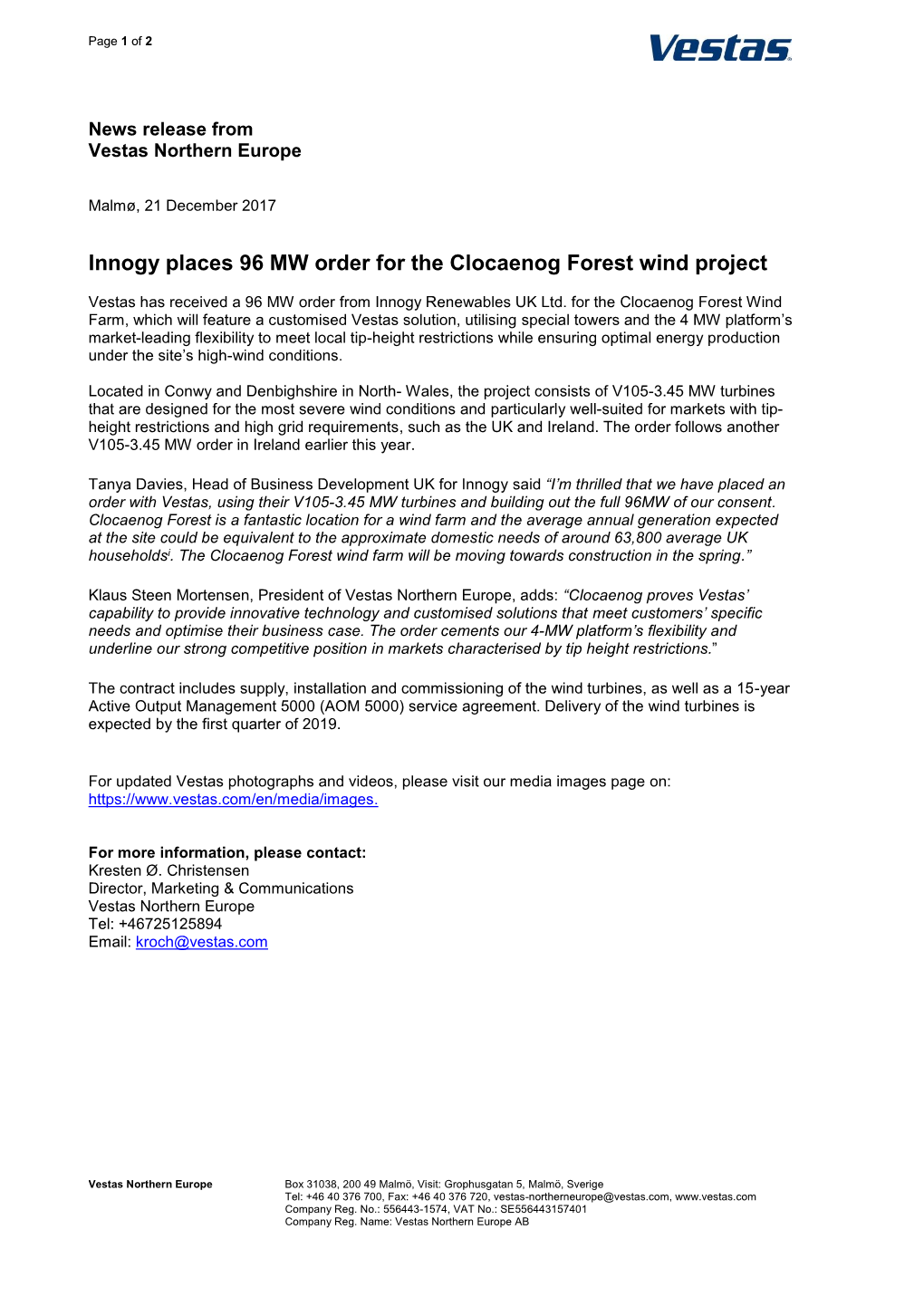 Innogy Places 96 MW Order for the Clocaenog Forest Wind Project
