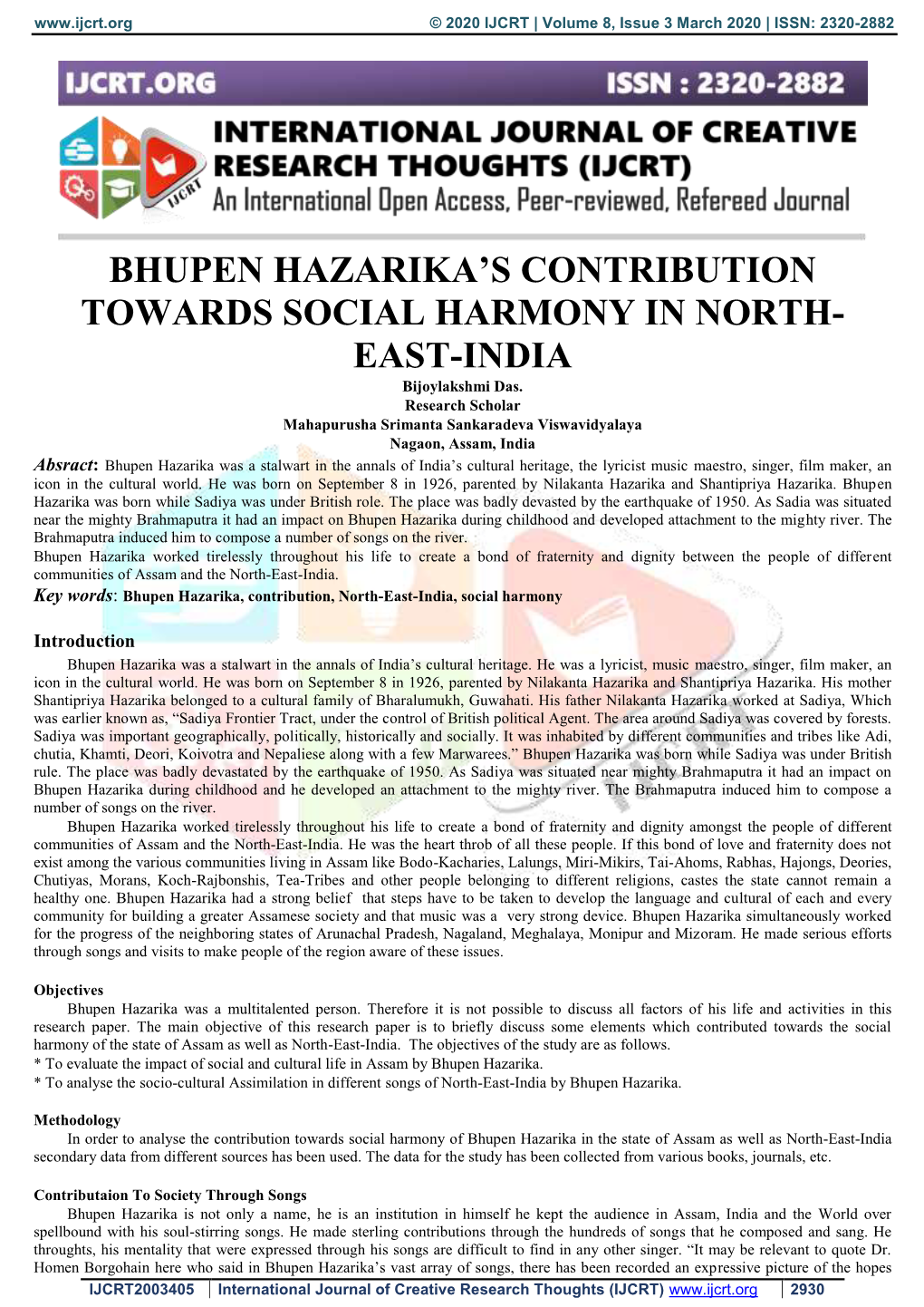 Bhupen Hazarika's Contribution Towards Social Harmony in North