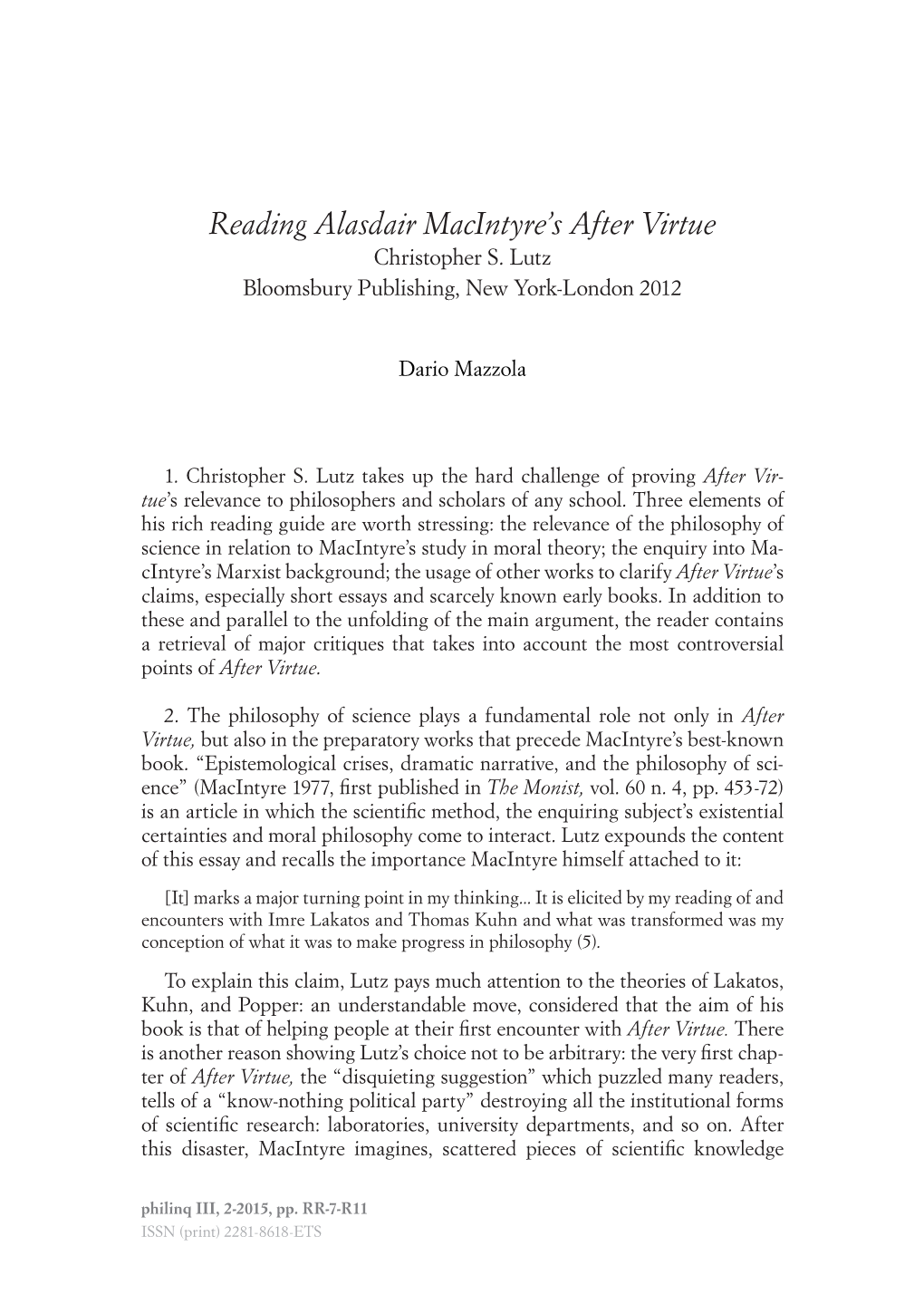 Reading Alasdair Macintyre's After Virtue