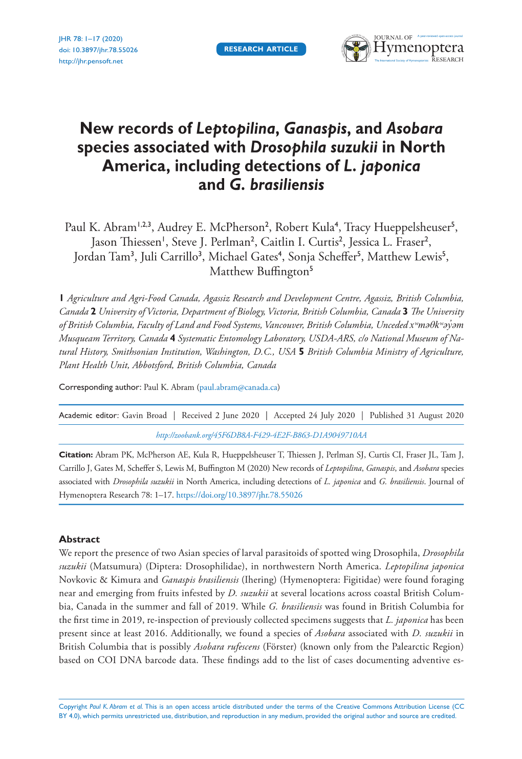 New Records of Leptopilina, Ganaspis, and Asobara Species Associated with Drosophila Suzukii in North America, Including Detections of L