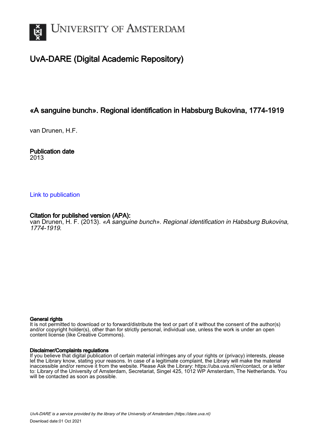 Regional Identification in Habsburg Bukovina, 1774-1919 Van Drunen, H.F