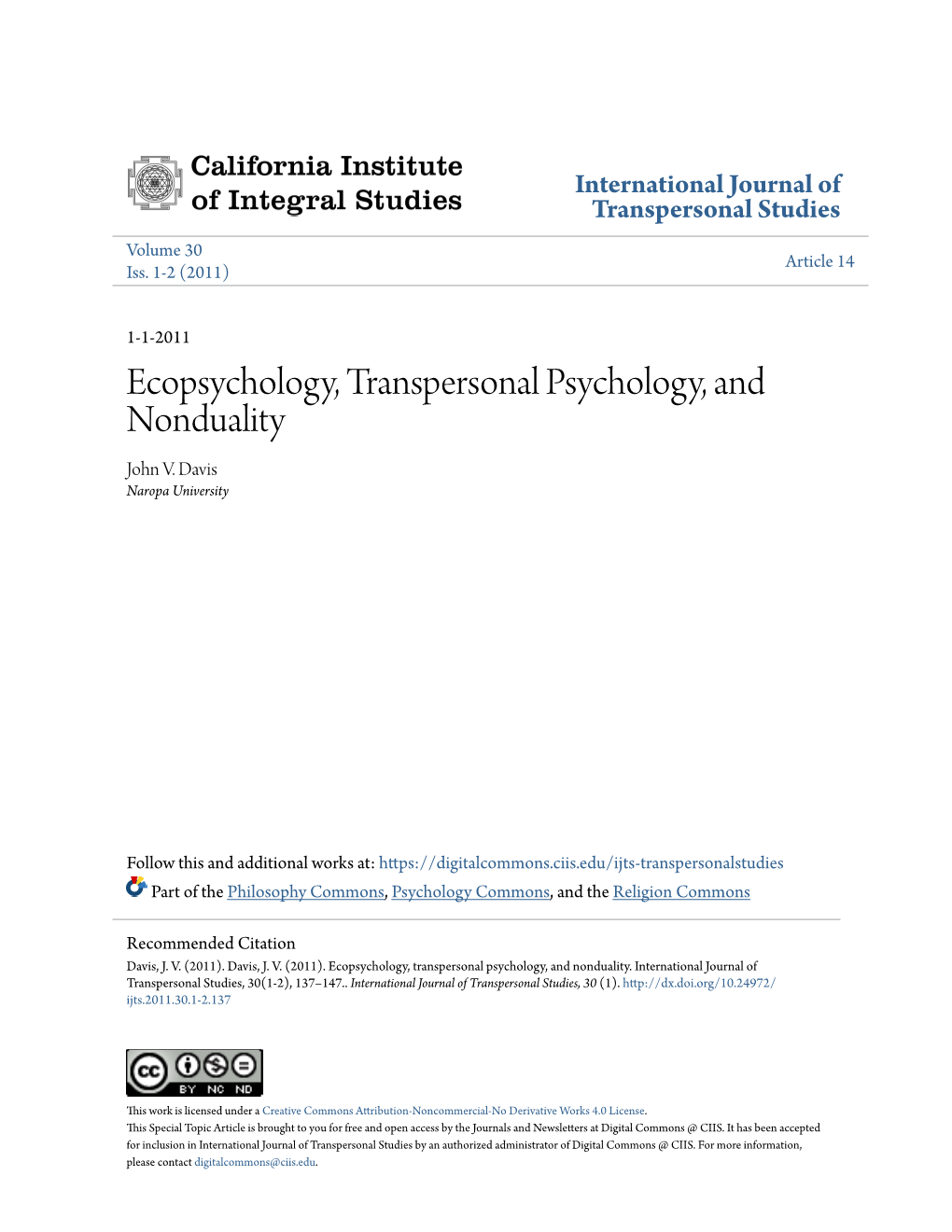 Ecopsychology, Transpersonal Psychology, and Nonduality John V