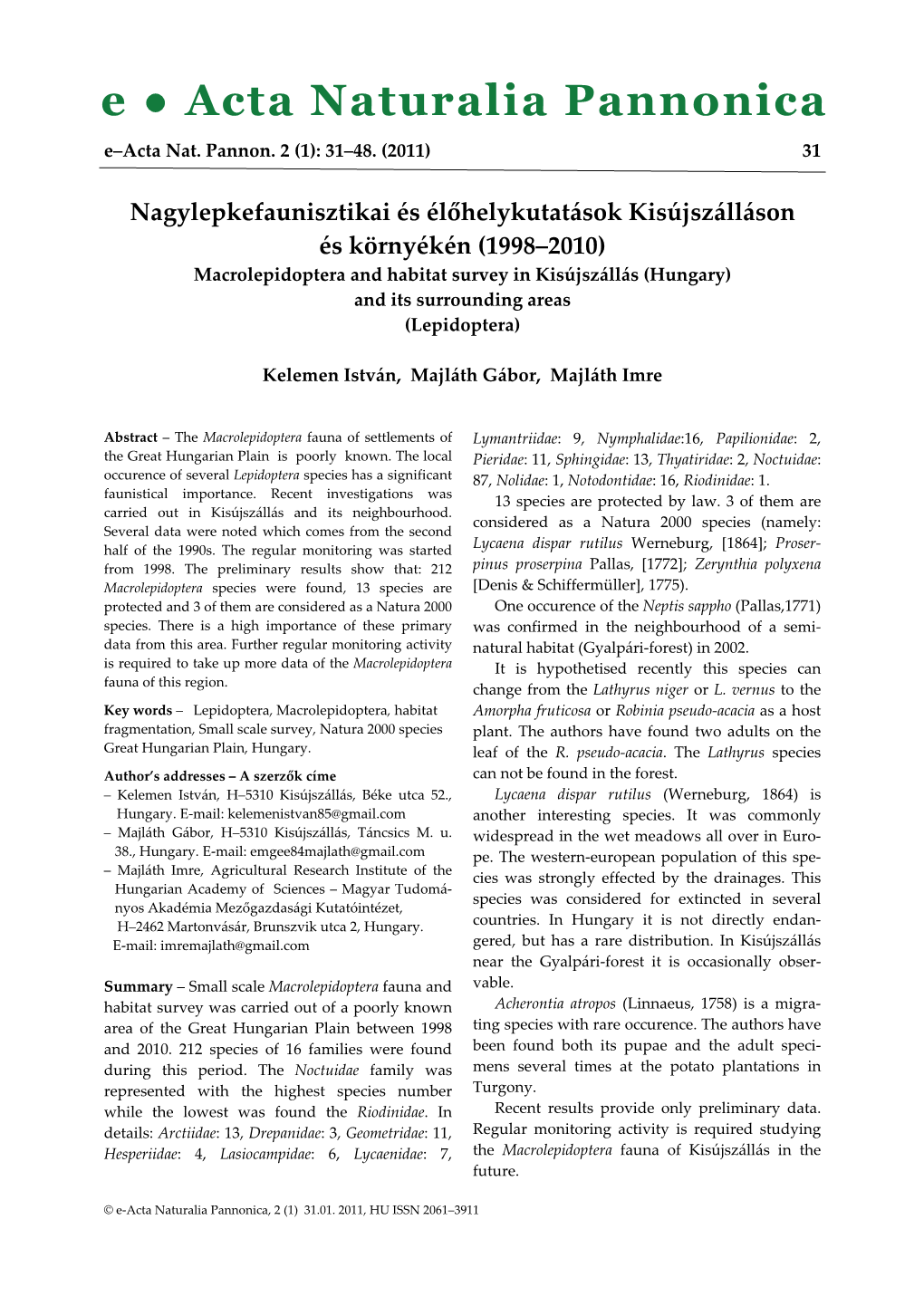 Macrolepidoptera and Habitat Survey in Kisújszállás (Hungary) and Its Surrounding Areas (Lepidoptera)