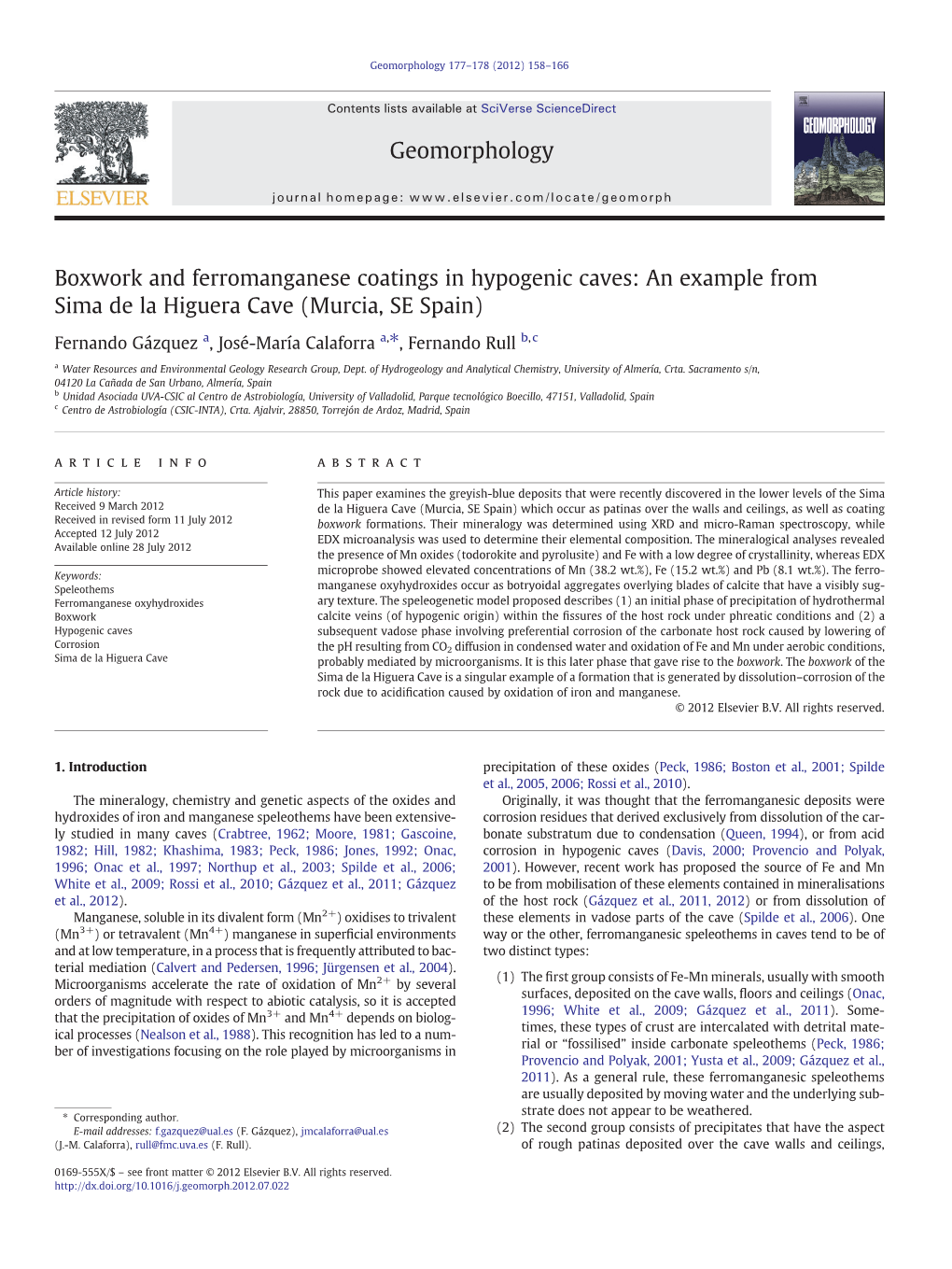 Boxwork and Ferromanganese Coatings in Hypogenic Caves: an Example from Sima De La Higuera Cave (Murcia, SE Spain)