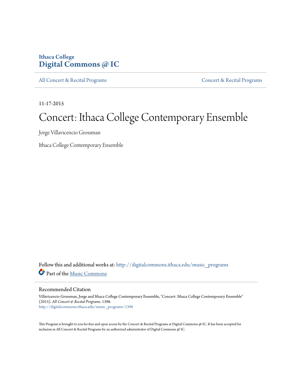 Concert: Ithaca College Contemporary Ensemble Jorge Villavicencio Grossman