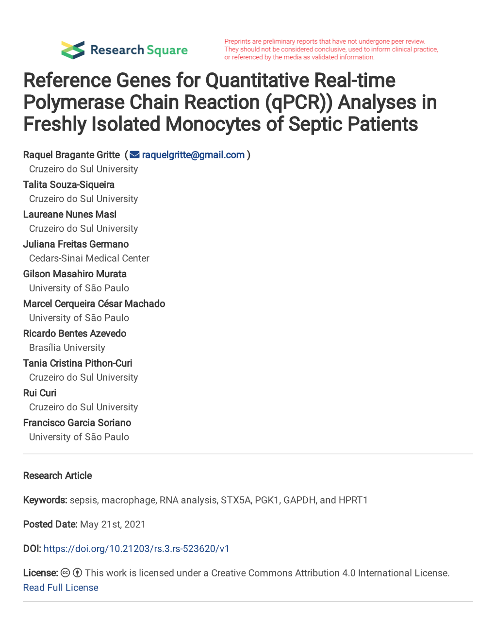 (Qpcr)) Analyses in Freshly Isolated Monocytes of Septic Patients