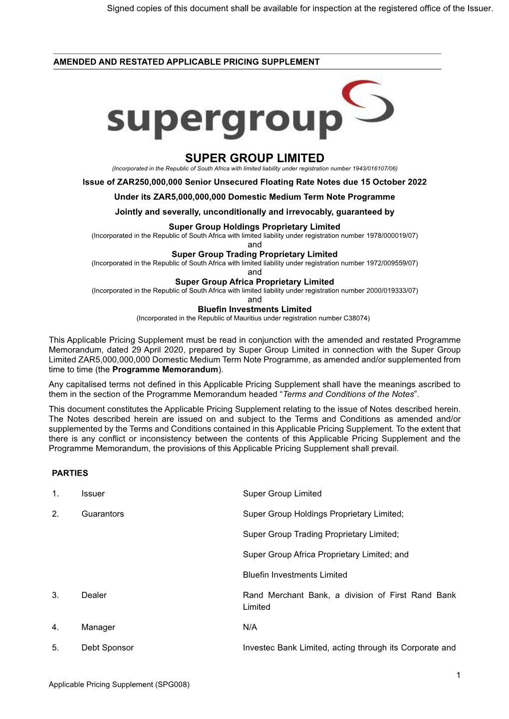 Amended Applicable Pricing Supplement Spg008