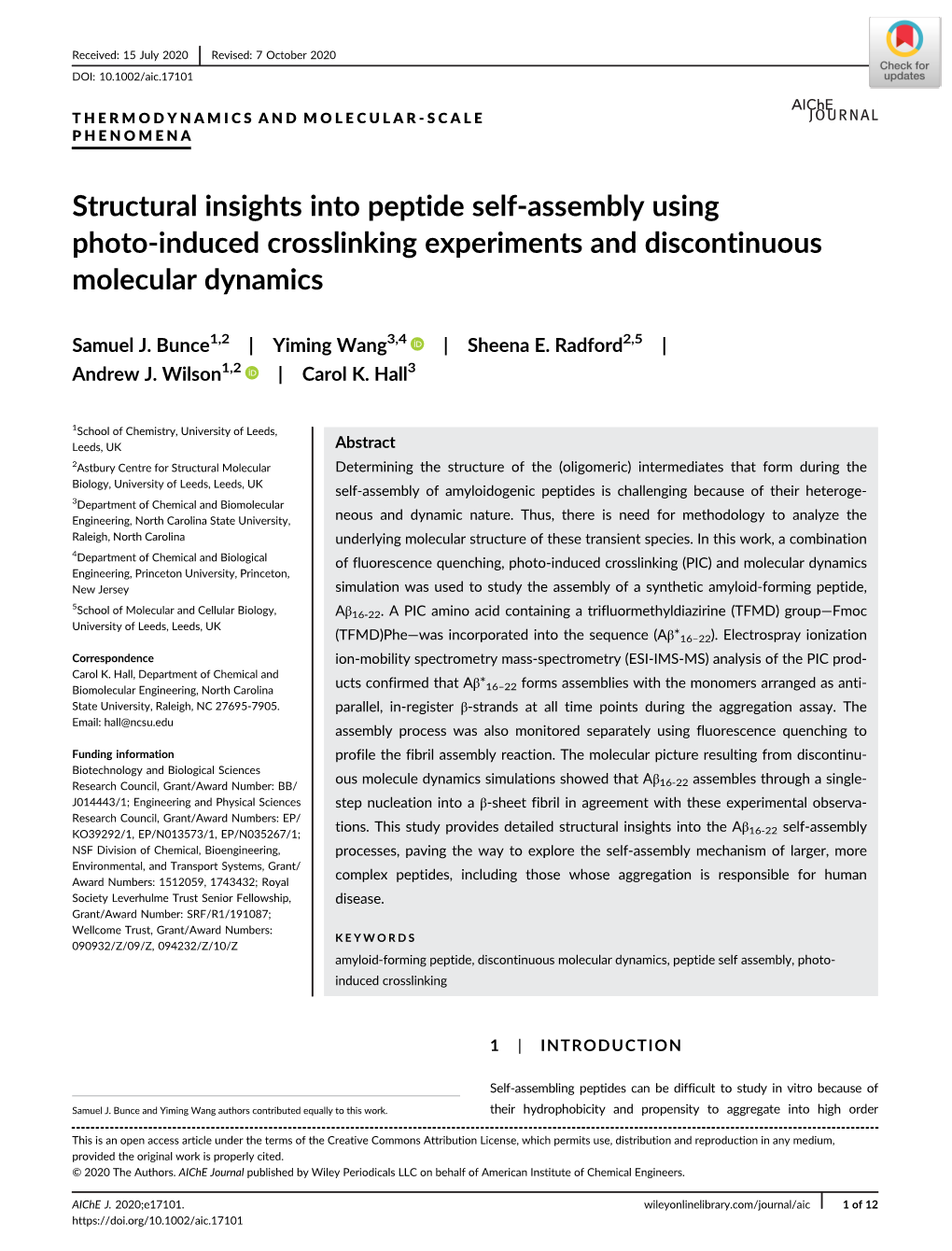 Structural Insights Into Peptide Self‐Assembly Using Photo‐Induced Crosslinking Experiments and Discontinuous Molecular Dyna