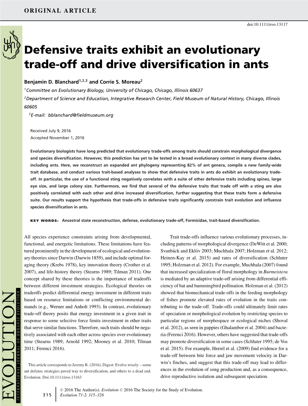 Blanchard, B. D. & Moreau, C. S., Evolution