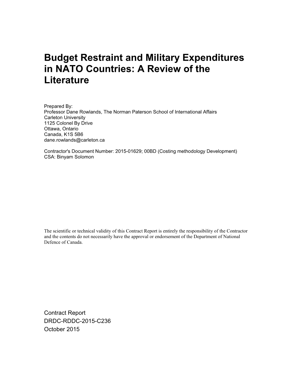 Budget Restraint and Military Expenditures in NATO Countries: a Review of the Literature