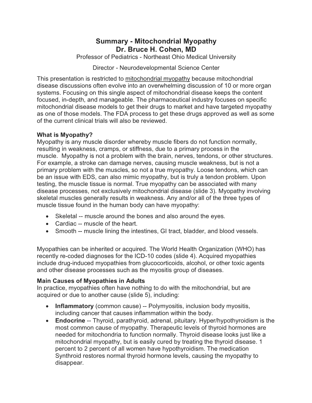 Summary - Mitochondrial Myopathy Dr