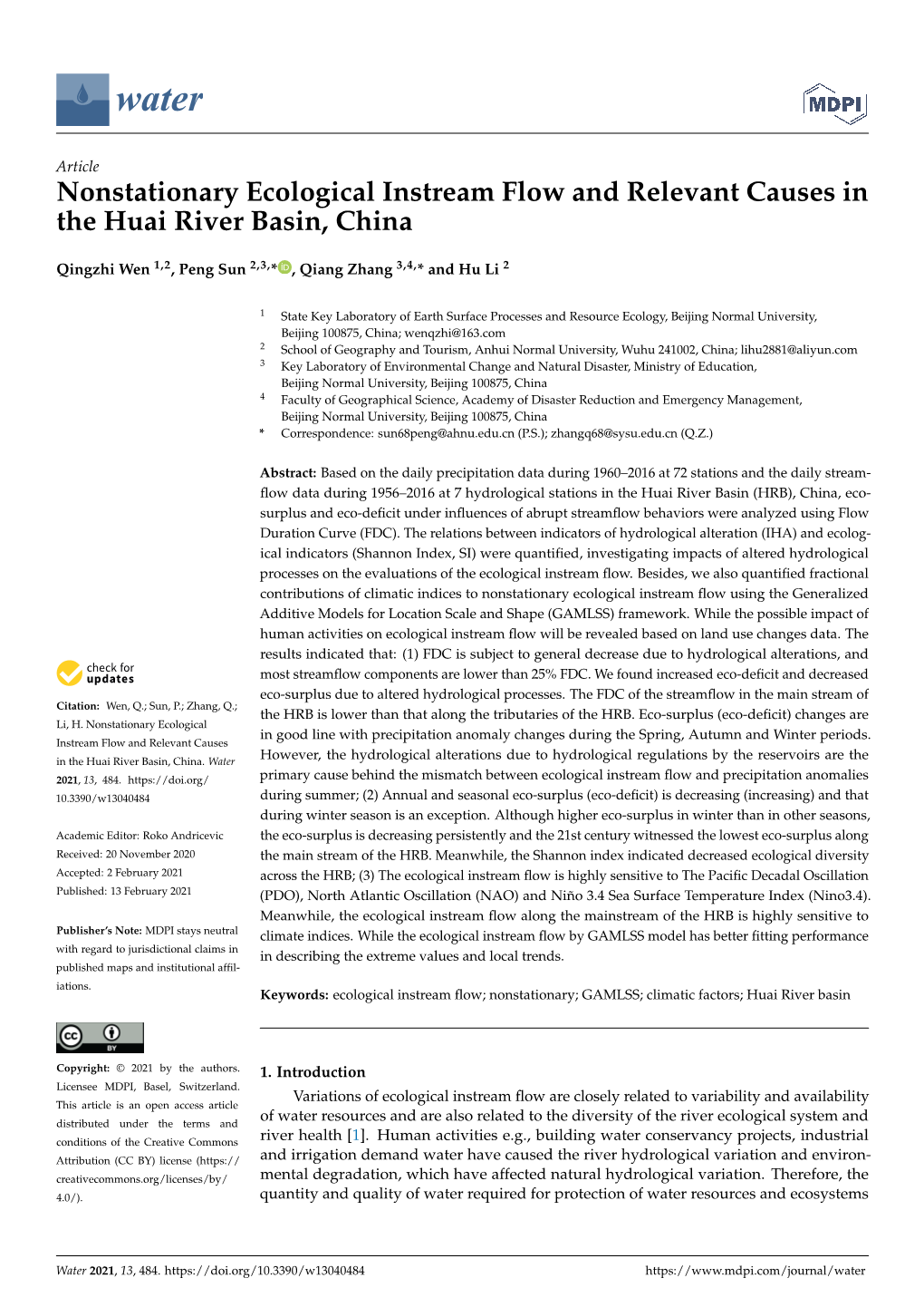Nonstationary Ecological Instream Flow and Relevant Causes in the Huai River Basin, China
