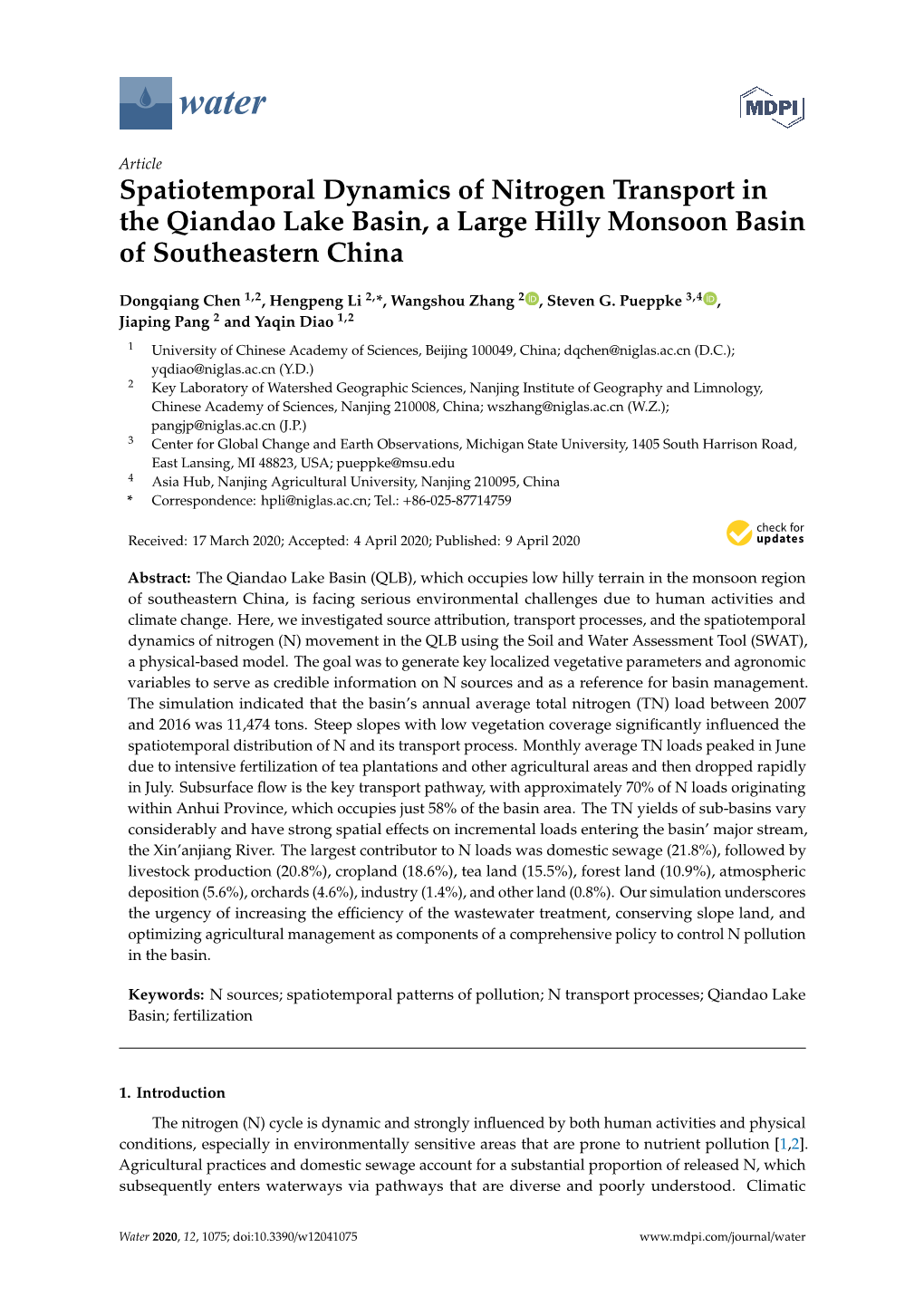 Spatiotemporal Dynamics of Nitrogen Transport in the Qiandao Lake Basin, a Large Hilly Monsoon Basin of Southeastern China