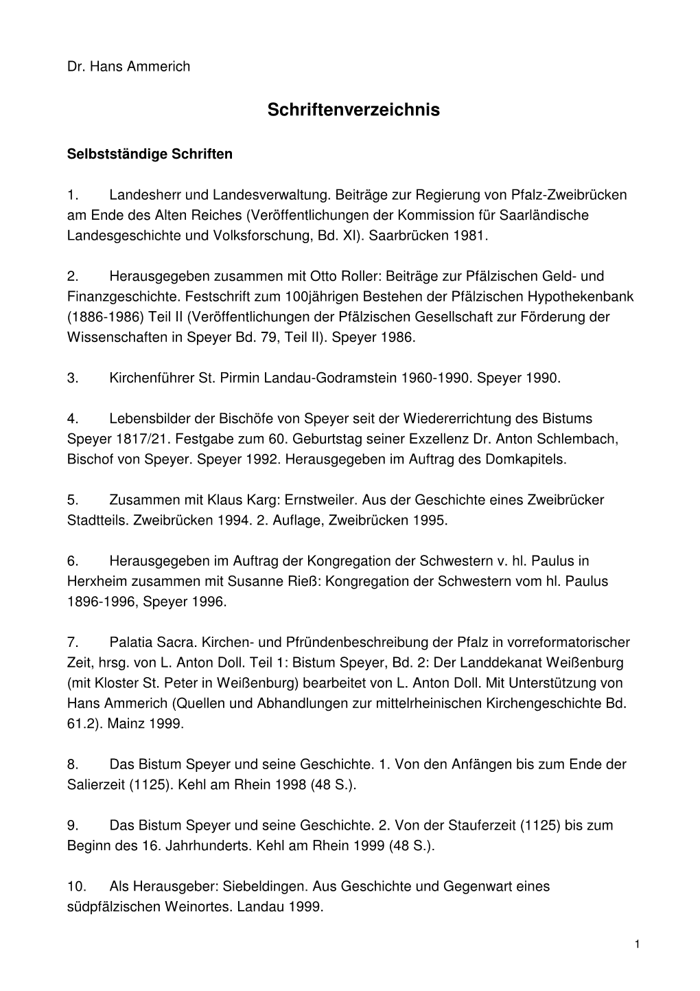 Schriftenverzeichnis Hans Ammerich