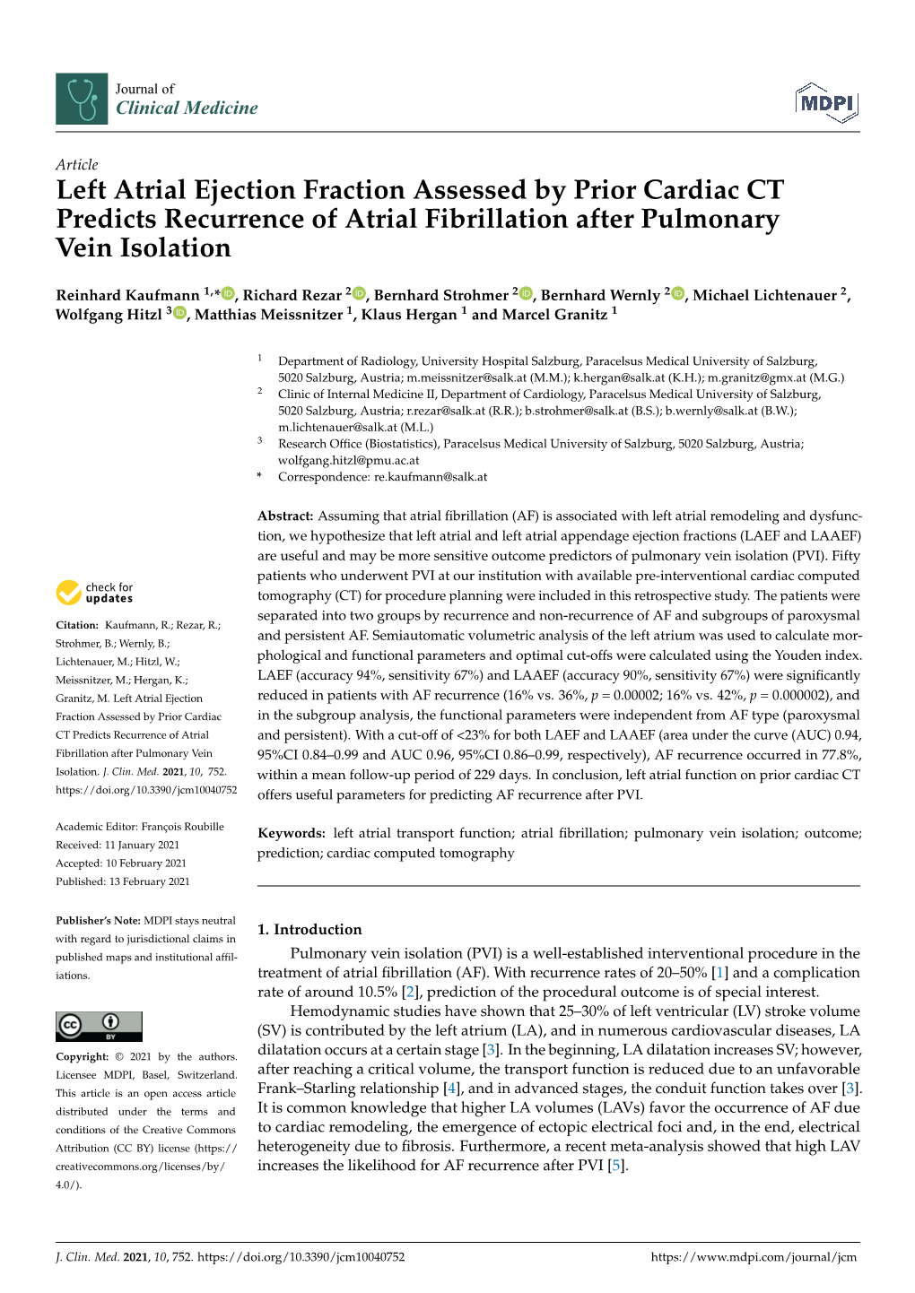 Left Atrial Ejection Fraction Assessed by Prior Cardiac CT Predicts Recurrence of Atrial Fibrillation After Pulmonary Vein Isolation