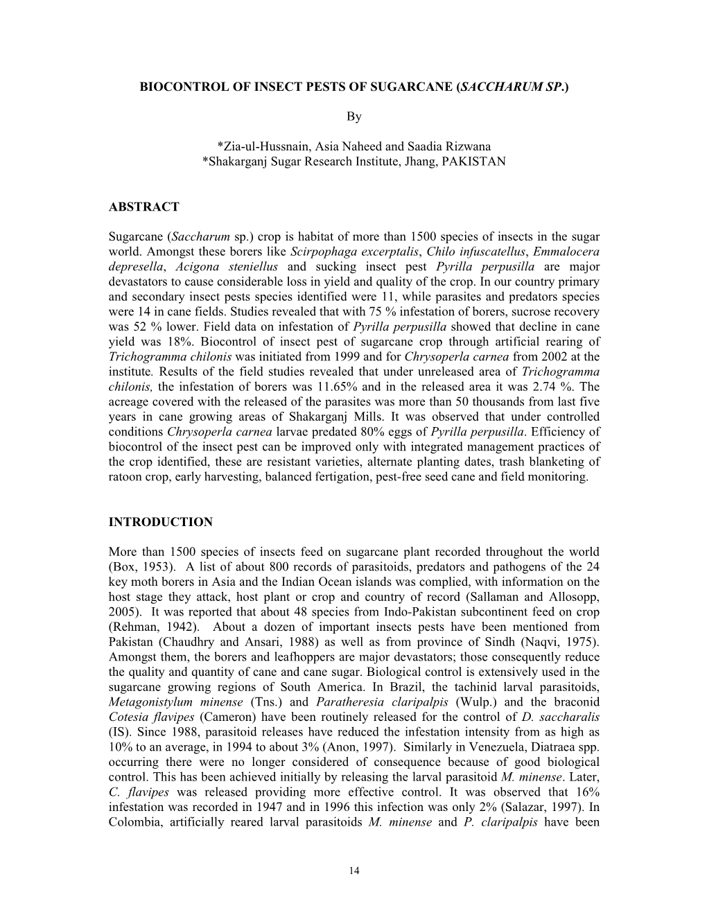 Biocontrol of Insect Pests of Sugarcane (Saccharum Sp