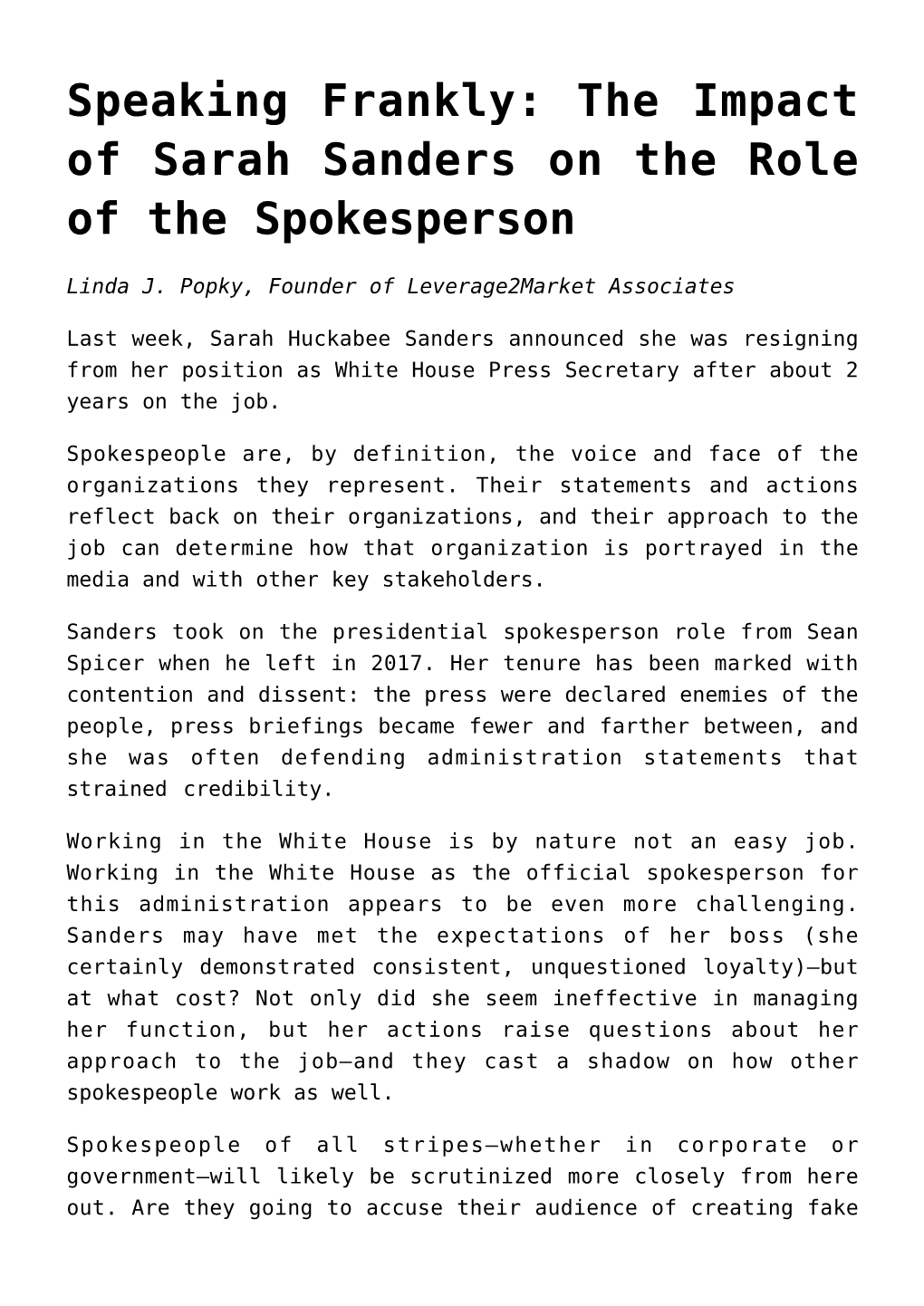 Speaking Frankly: the Impact of Sarah Sanders on the Role of the Spokesperson