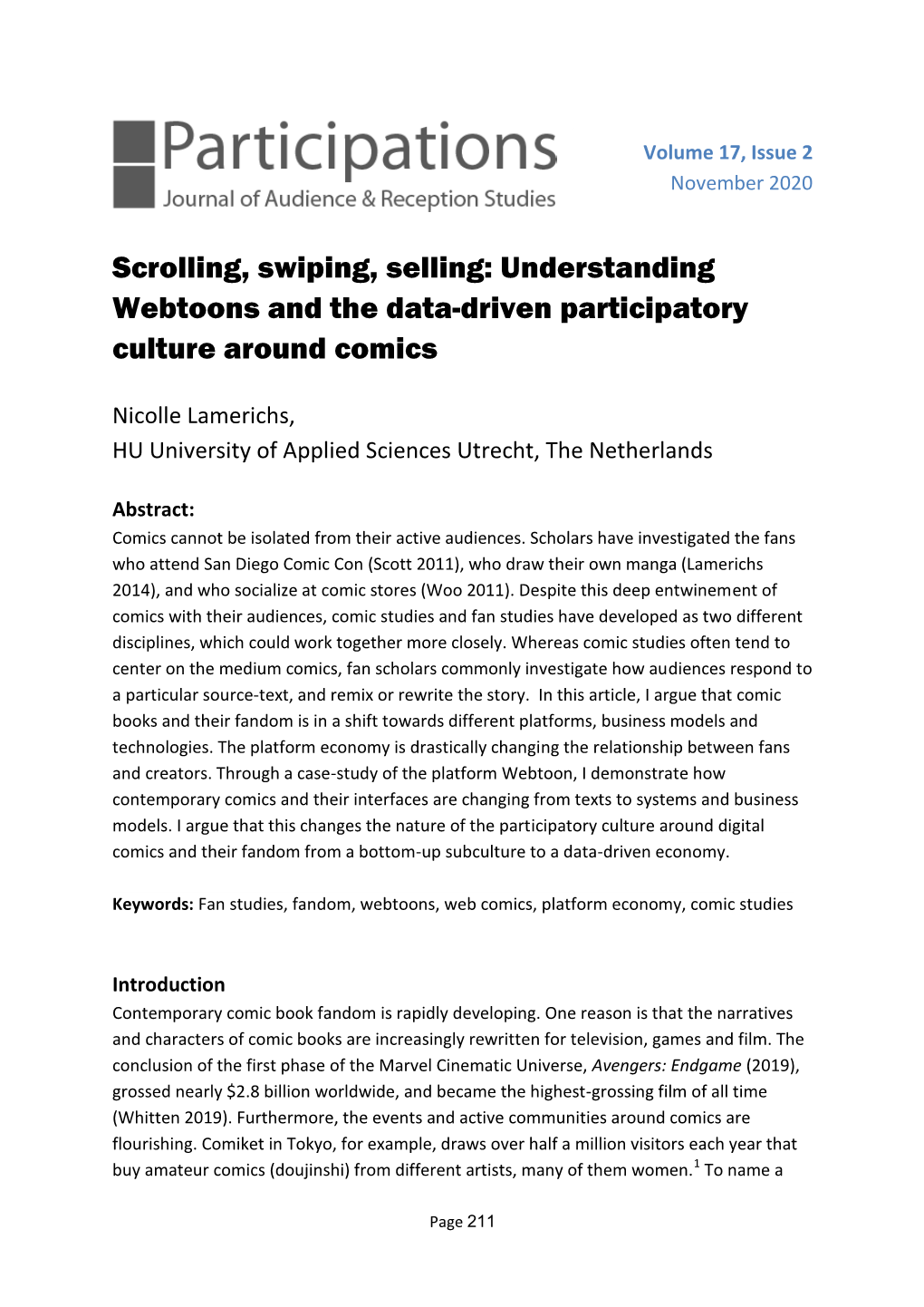 Scrolling, Swiping, Selling: Understanding Webtoons and the Data-Driven Participatory Culture Around Comics