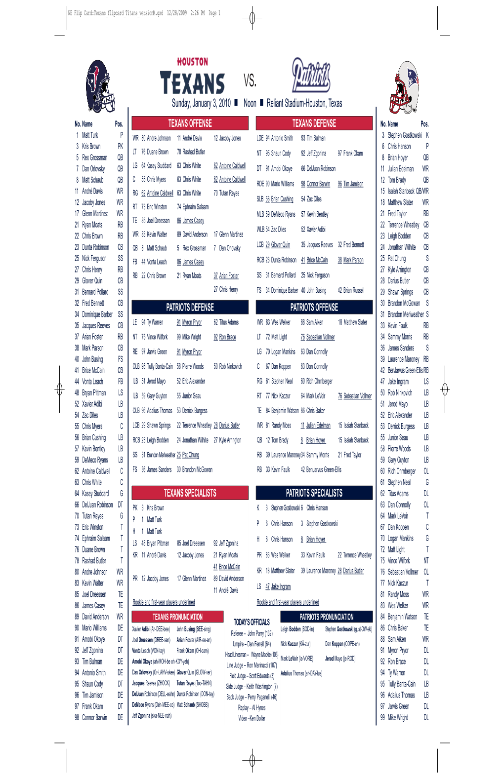 Flip Card:Texans Flipcard Titans Versionm.Qxd 12/28/2009 2:26 PM Page 1