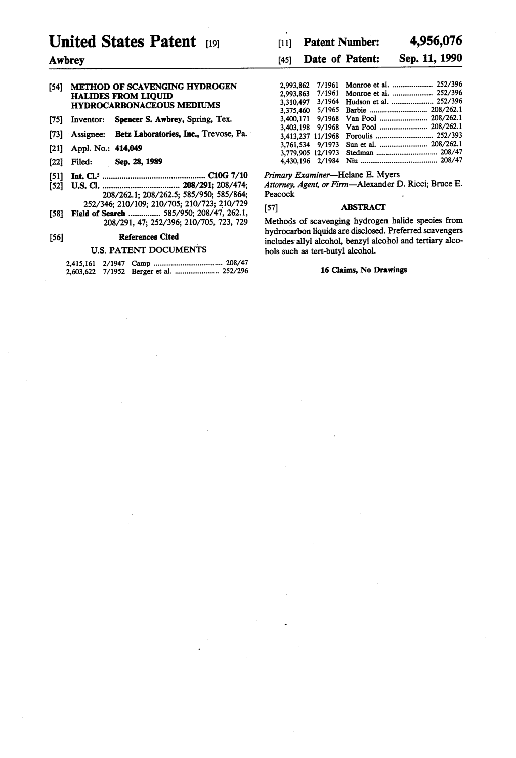 United States Patent to (Ii) Patent Number: 4,956,076 Awbrey (45) Date of Patent: Sep