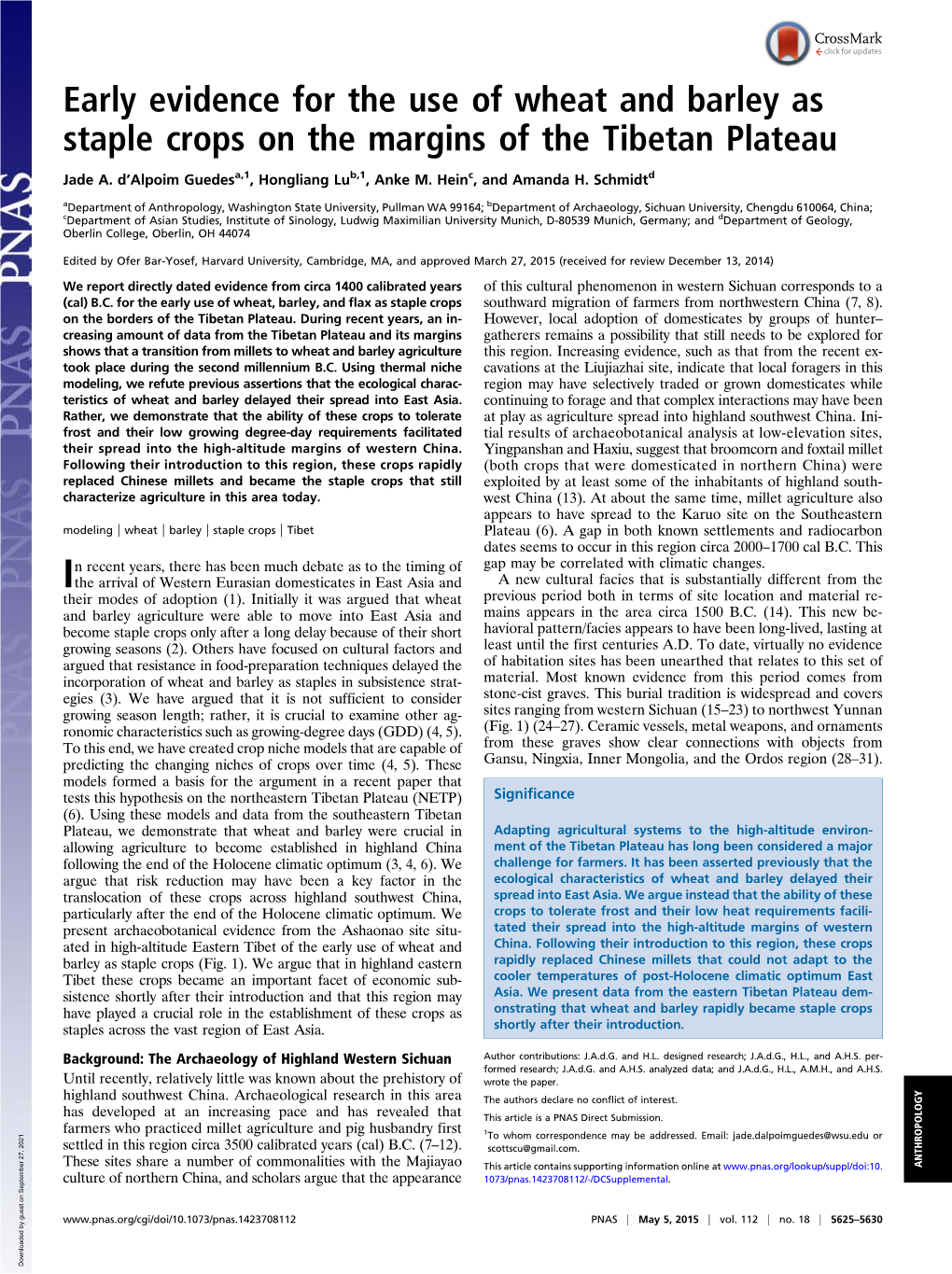 Early Evidence for the Use of Wheat and Barley As Staple Crops on the Margins of the Tibetan Plateau