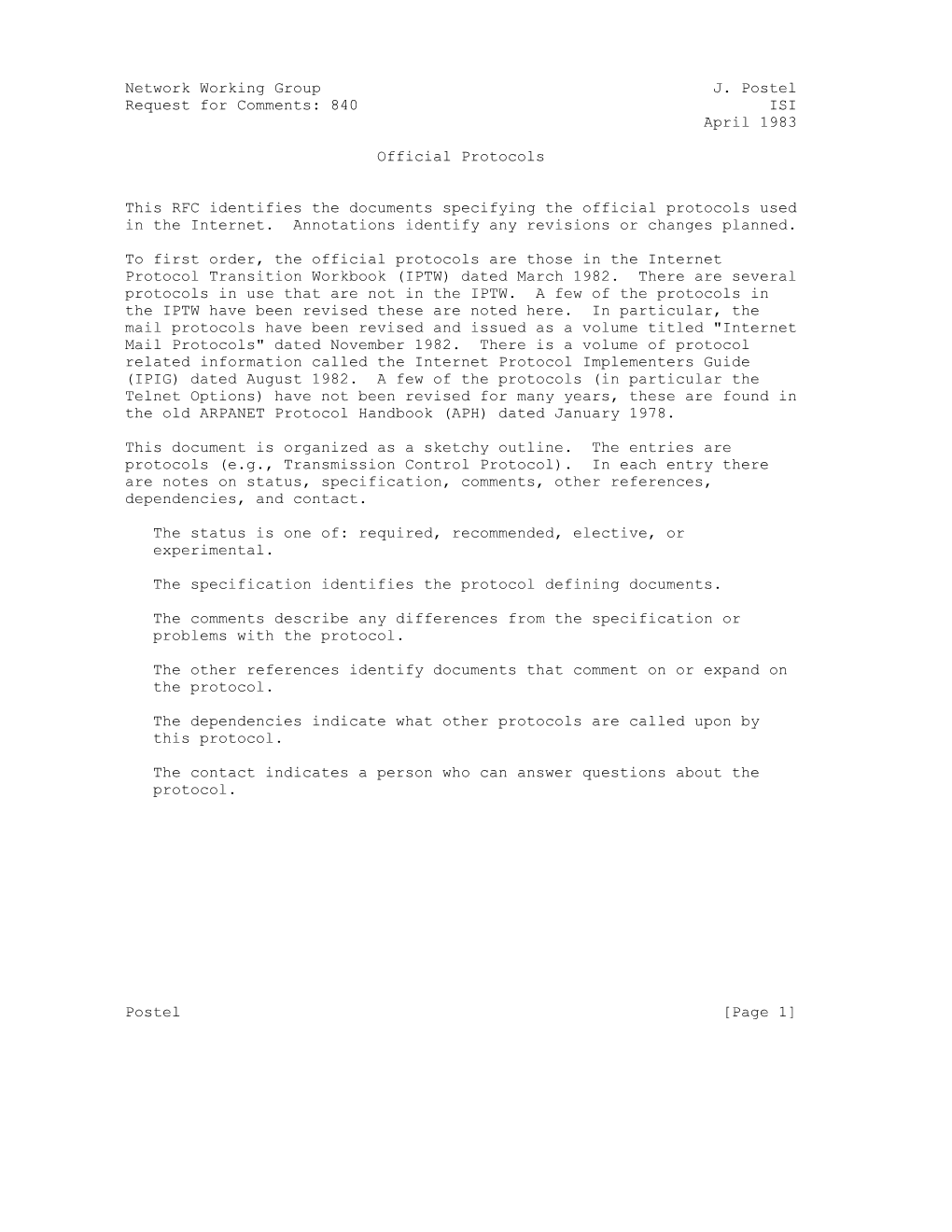 Network Working Group J. Postel Request for Comments: 840 ISI April 1983