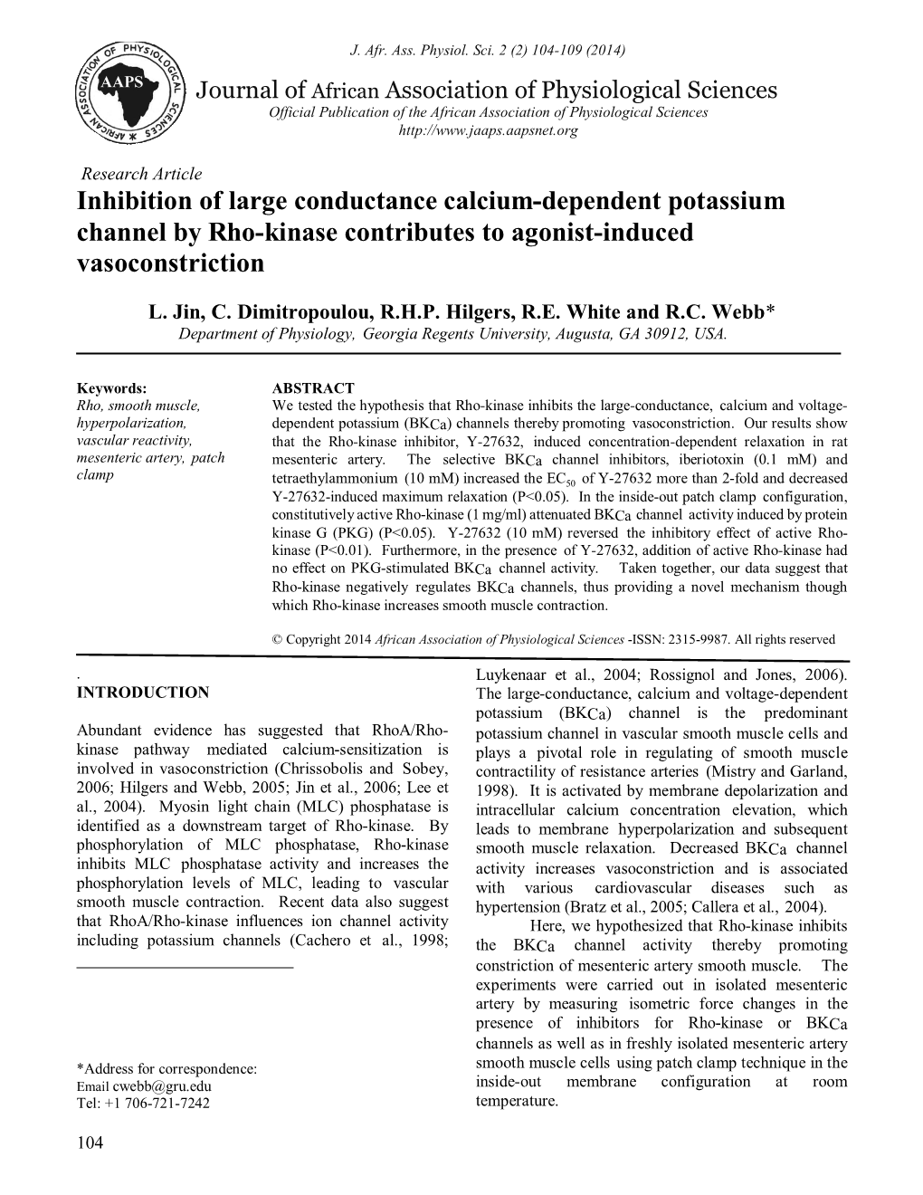 Inhibition of Large Conductance Calcium-Dependent Potassium Channel by Rho-Kinase Contributes to Agonist-Induced Vasoconstriction