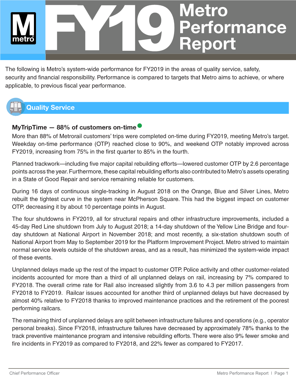 Metro Performance Report ǀ Page 1 FY2019 Metro Performance Report