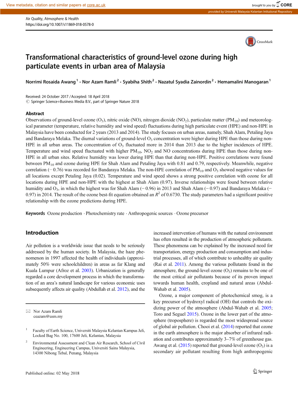 Transformational Characteristics of Ground-Level Ozone During High Particulate Events in Urban Area of Malaysia