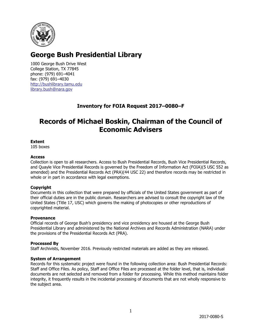George Bush Presidential Library Records of Michael Boskin