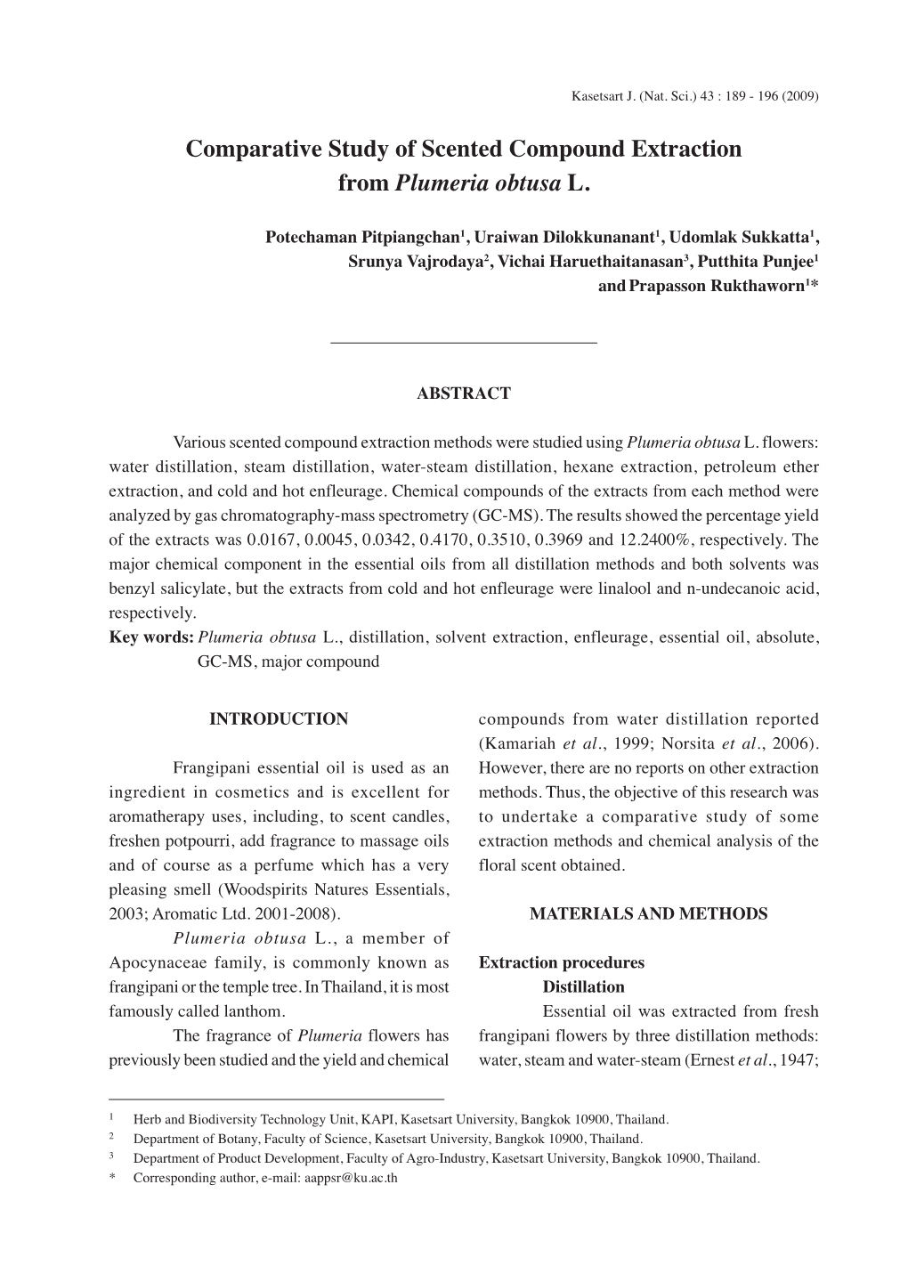 Comparative Study of Scented Compound Extraction from Plumeria Obtusa L